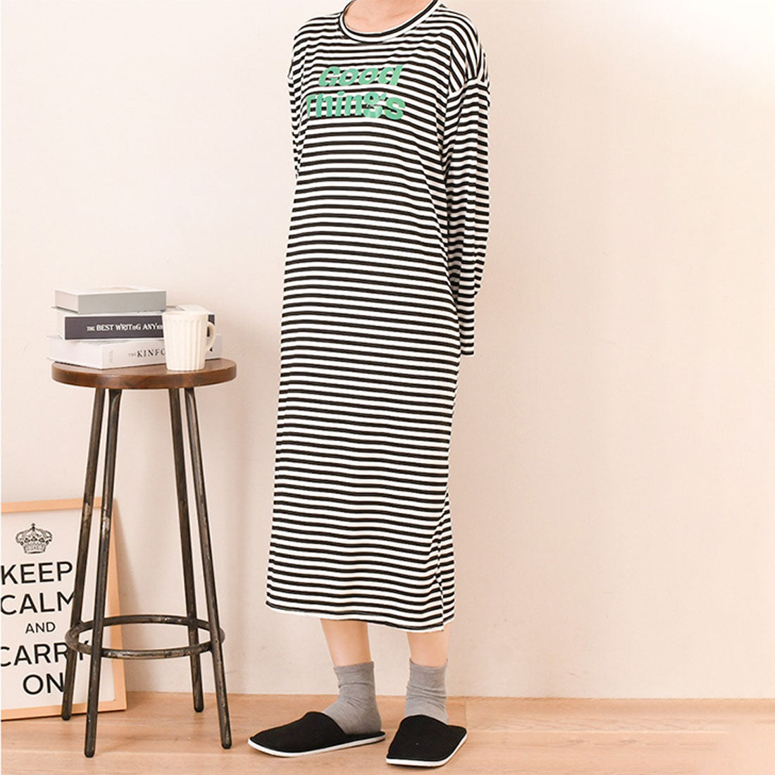 真實風格 REAL STYLE 洋裝 女士 長袖 春 夏 長款 中長裙 膝下 家居服 休閒服 睡衣 寢衣 I型 低身高 高身高 寬鬆 寬鬆薄款 時尚