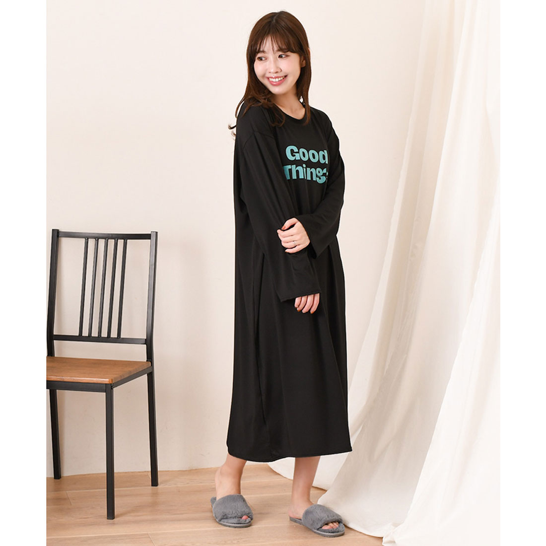 真實風格 REAL STYLE 洋裝 女士 長袖 春 夏 長款 中長裙 膝下 家居服 休閒服 睡衣 寢衣 I型 低身高 高身高 寬鬆 寬鬆薄款 時尚