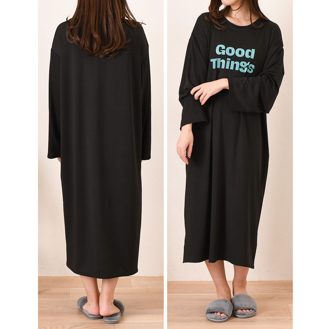 真實風格 REAL STYLE 洋裝 女士 長袖 春 夏 長款 中長裙 膝下 家居服 休閒服 睡衣 寢衣 I型 低身高 高身高 寬鬆 寬鬆薄款 時尚