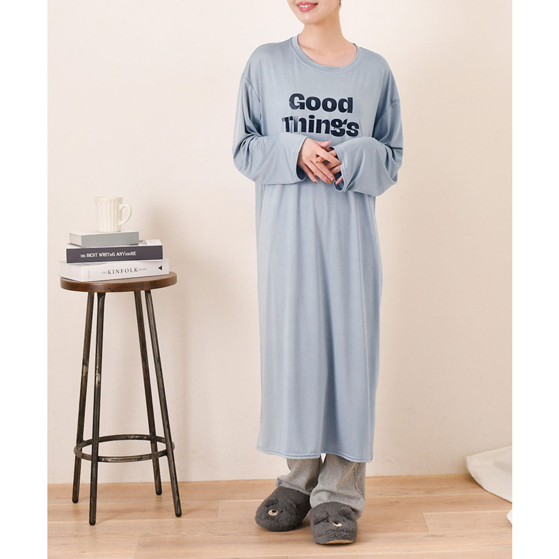 真實風格 REAL STYLE 洋裝 女士 長袖 春 夏 長款 中長裙 膝下 家居服 休閒服 睡衣 寢衣 I型 低身高 高身高 寬鬆 寬鬆薄款 時尚