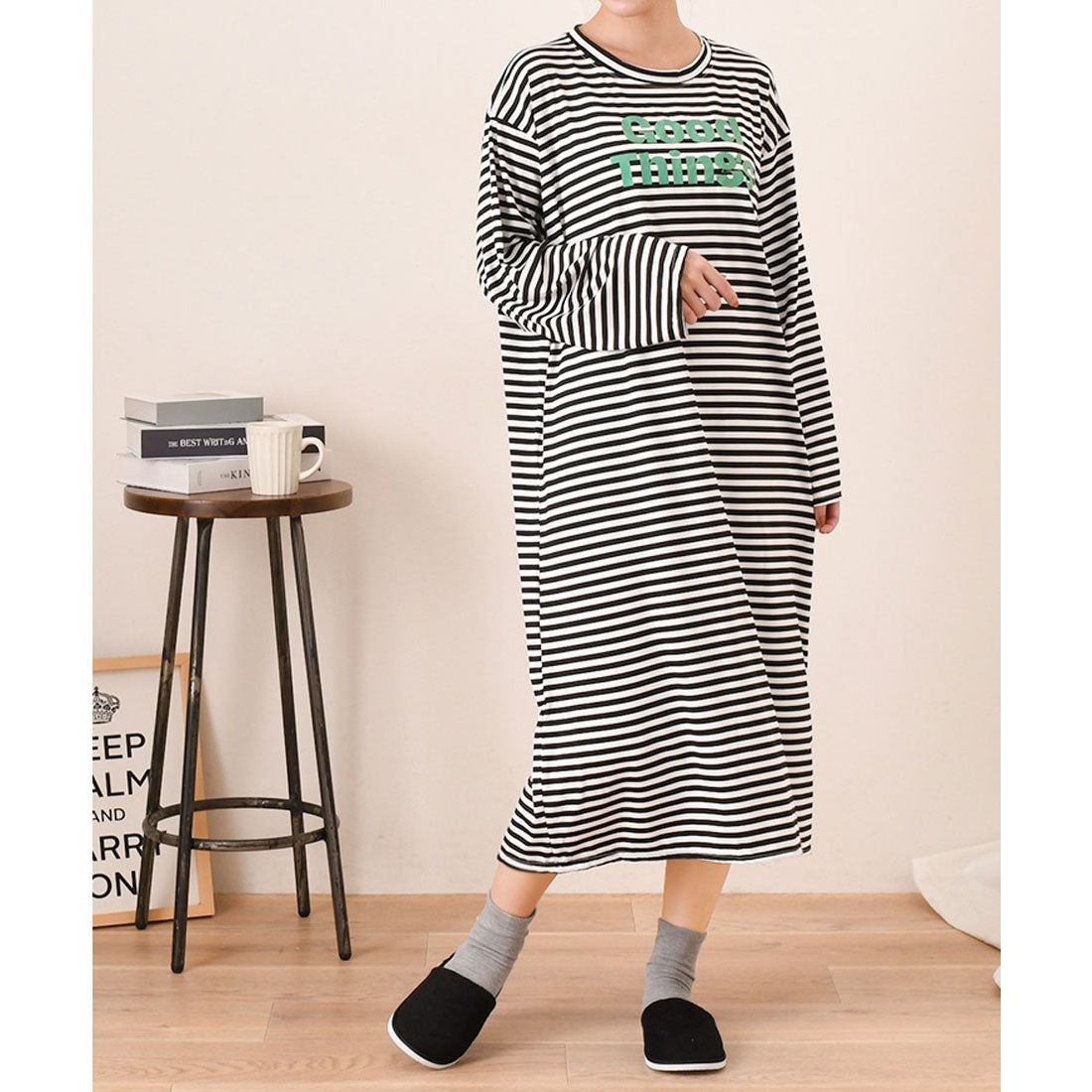 真實風格 REAL STYLE 洋裝 女士 長袖 春 夏 長款 中長裙 膝下 家居服 休閒服 睡衣 寢衣 I型 低身高 高身高 寬鬆 寬鬆薄款 時尚