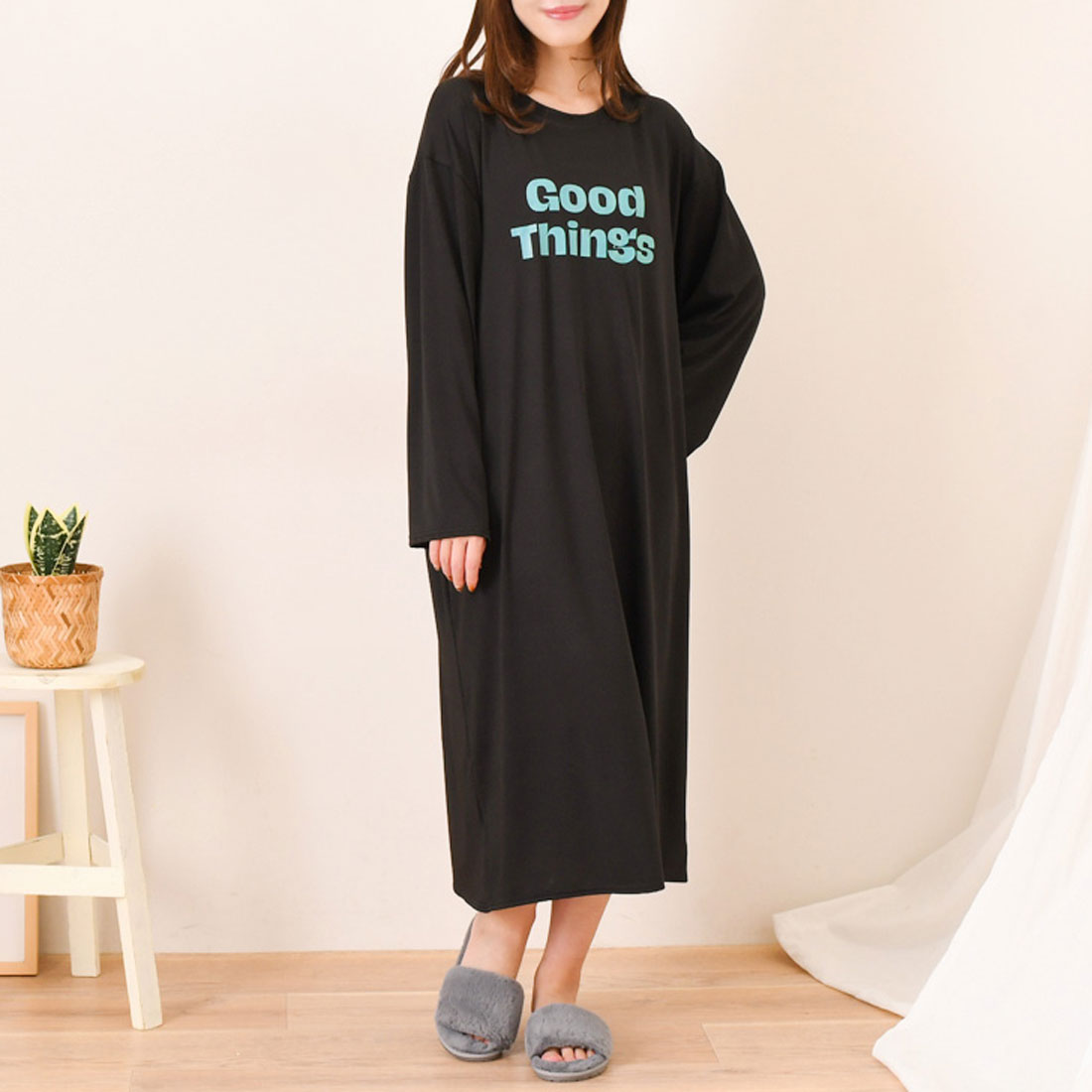 真實風格 REAL STYLE 洋裝 女士 長袖 春 夏 長款 中長裙 膝下 家居服 休閒服 睡衣 寢衣 I型 低身高 高身高 寬鬆 寬鬆薄款 時尚