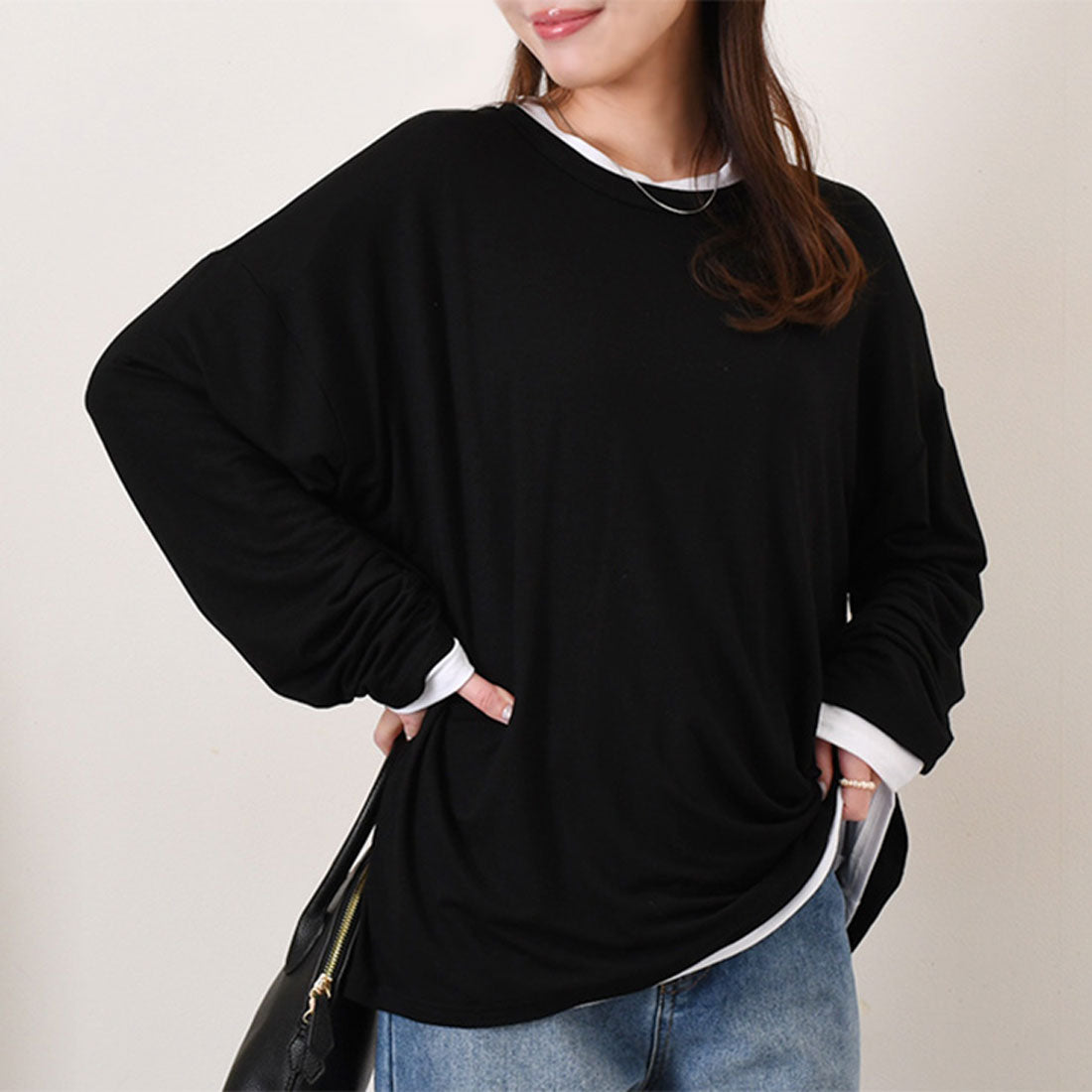 リアルスタイル REAL STYLE 剪裁上衣 女士 長袖 白 黑色 大尺碼 春 夏 秋 寬鬆 罩衫 長T 長袖T恤 連衣裙 素色 寬鬆 體型修飾 韓國時尚 真正韓國