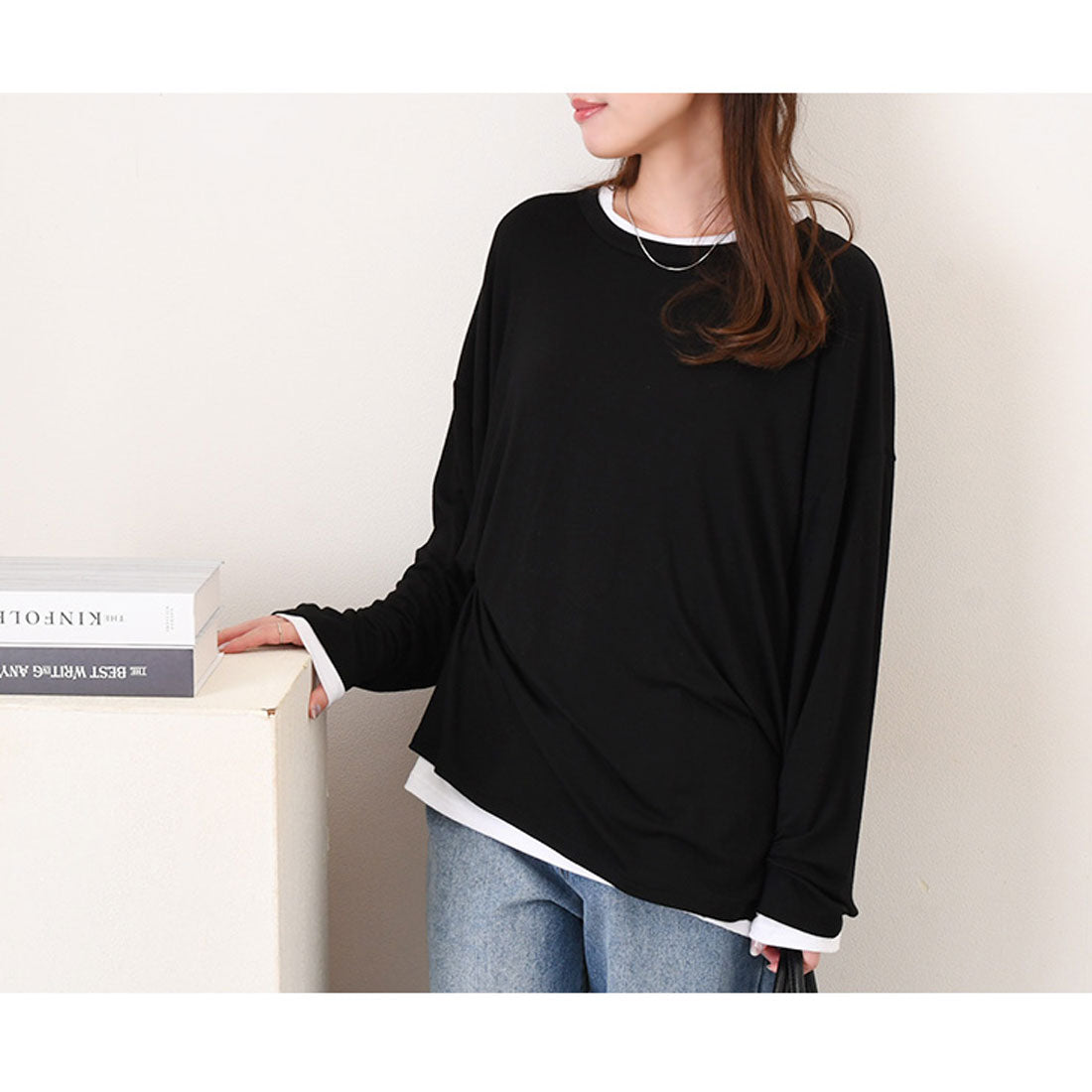 リアルスタイル REAL STYLE 剪裁上衣 女士 長袖 白 黑色 大尺碼 春 夏 秋 寬鬆 罩衫 長T 長袖T恤 連衣裙 素色 寬鬆 體型修飾 韓國時尚 真正韓國
