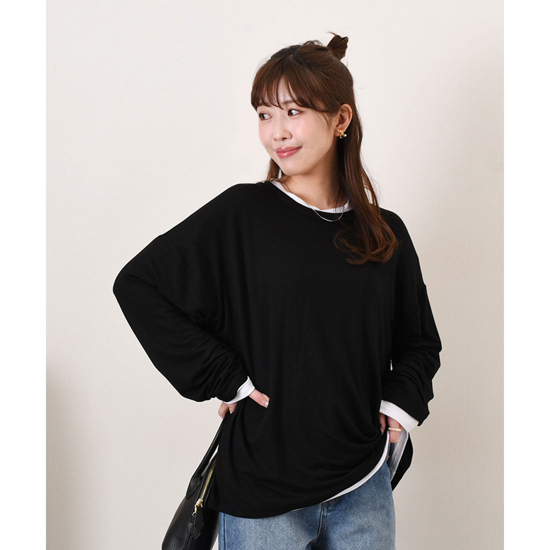 リアルスタイル REAL STYLE 剪裁上衣 女士 長袖 白 黑色 大尺碼 春 夏 秋 寬鬆 罩衫 長T 長袖T恤 連衣裙 素色 寬鬆 體型修飾 韓國時尚 真正韓國