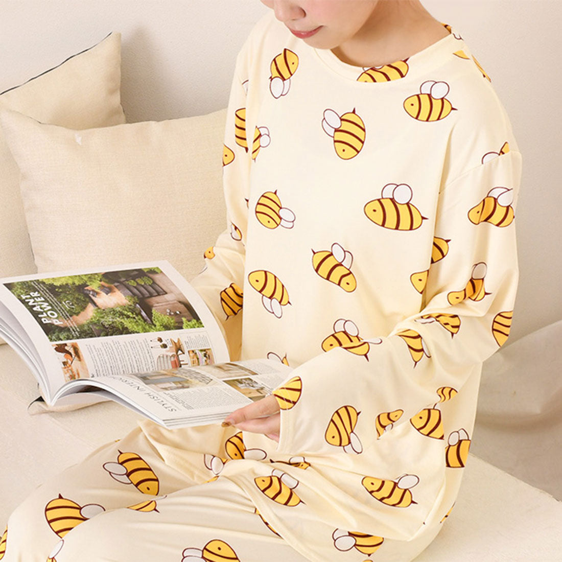 真實風格 REAL STYLE 休閒服 女士 上下套裝 春 夏 長袖 褲子 寬鬆褲 居家服 睡衣 寢衣 上衣 下裝 可愛 韓國 蜜蜂 圖案 蜂 蜜蜂