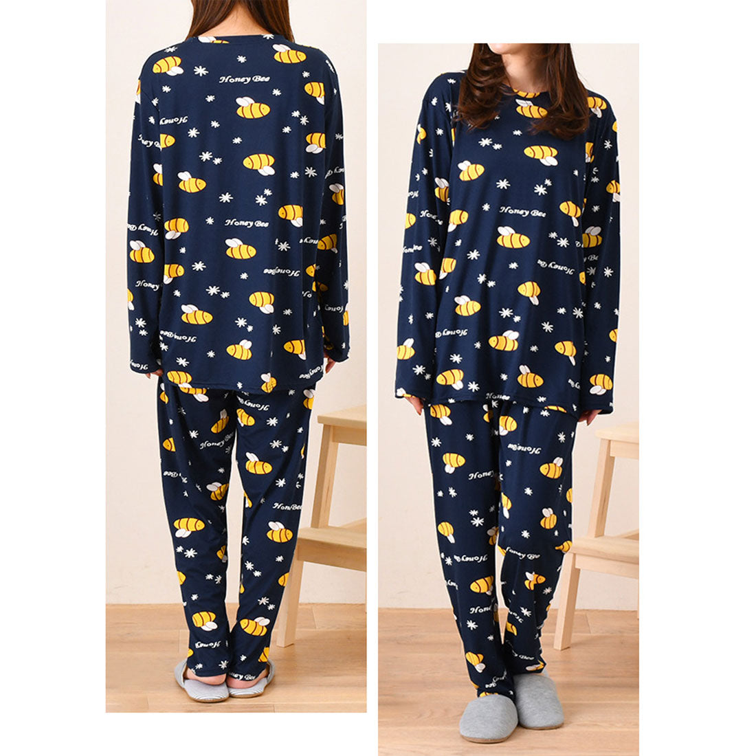 真實風格 REAL STYLE 休閒服 女士 上下套裝 春 夏 長袖 褲子 寬鬆褲 居家服 睡衣 寢衣 上衣 下裝 可愛 韓國 蜜蜂 圖案 蜂 蜜蜂