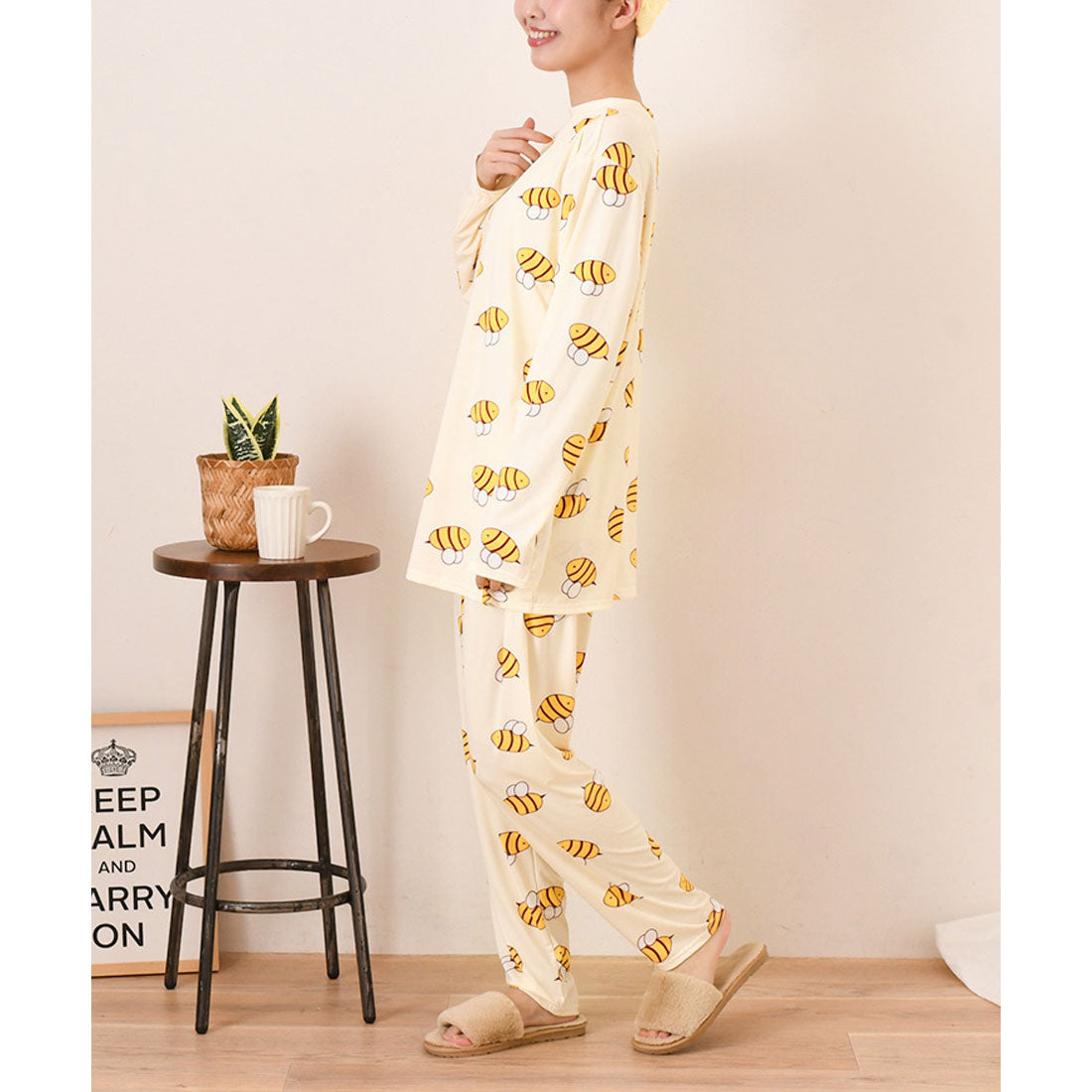真實風格 REAL STYLE 休閒服 女士 上下套裝 春 夏 長袖 褲子 寬鬆褲 居家服 睡衣 寢衣 上衣 下裝 可愛 韓國 蜜蜂 圖案 蜂 蜜蜂