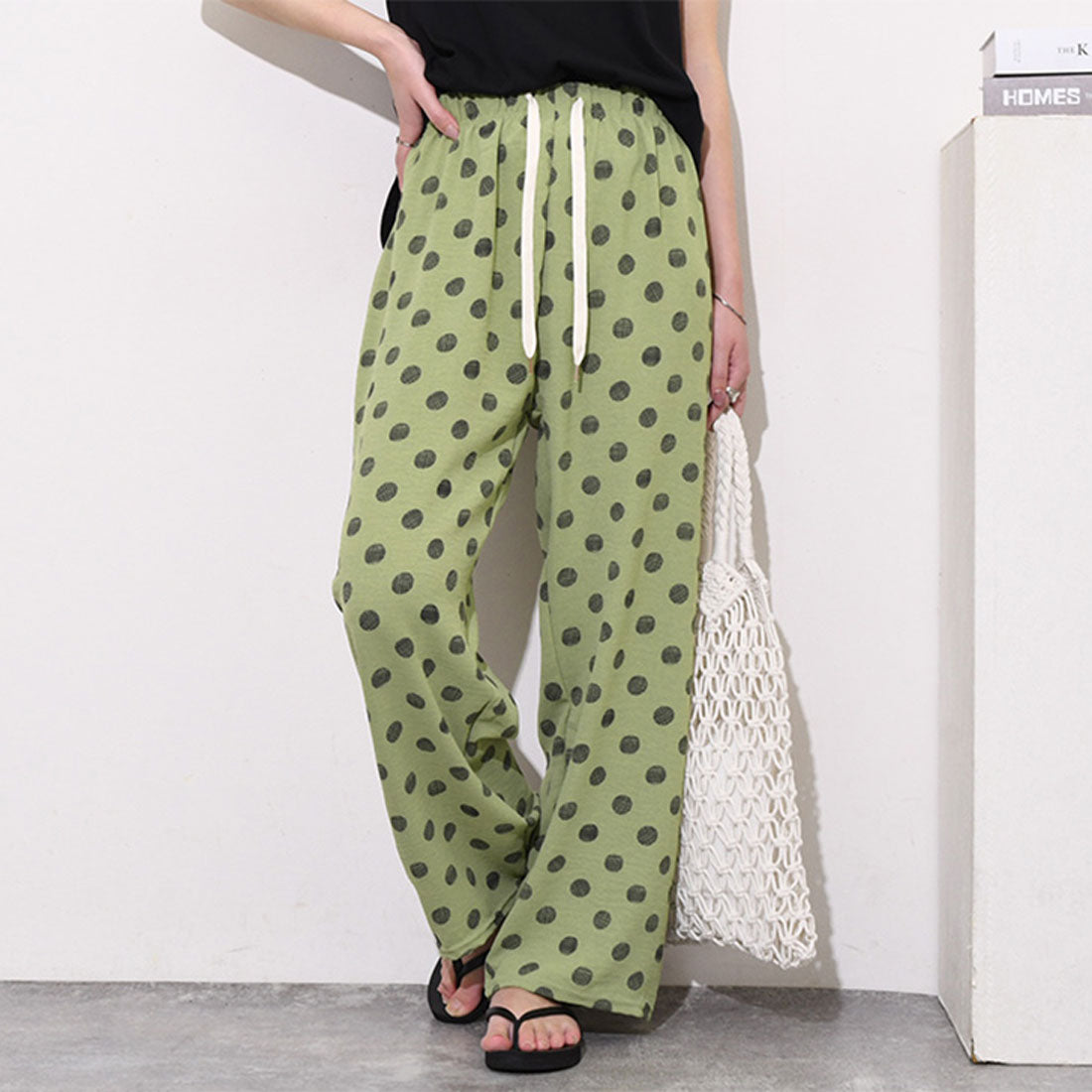 リアルスタイル REAL STYLE ワイドパンツ レディース 春 夏 ドット柄 涼しい 涼感 速乾 楽ちん きれいめ リラックス ウエストゴム 薄手 ボトムス 柄パンツ 柄物 (ライトカーキ) ライトカーキ