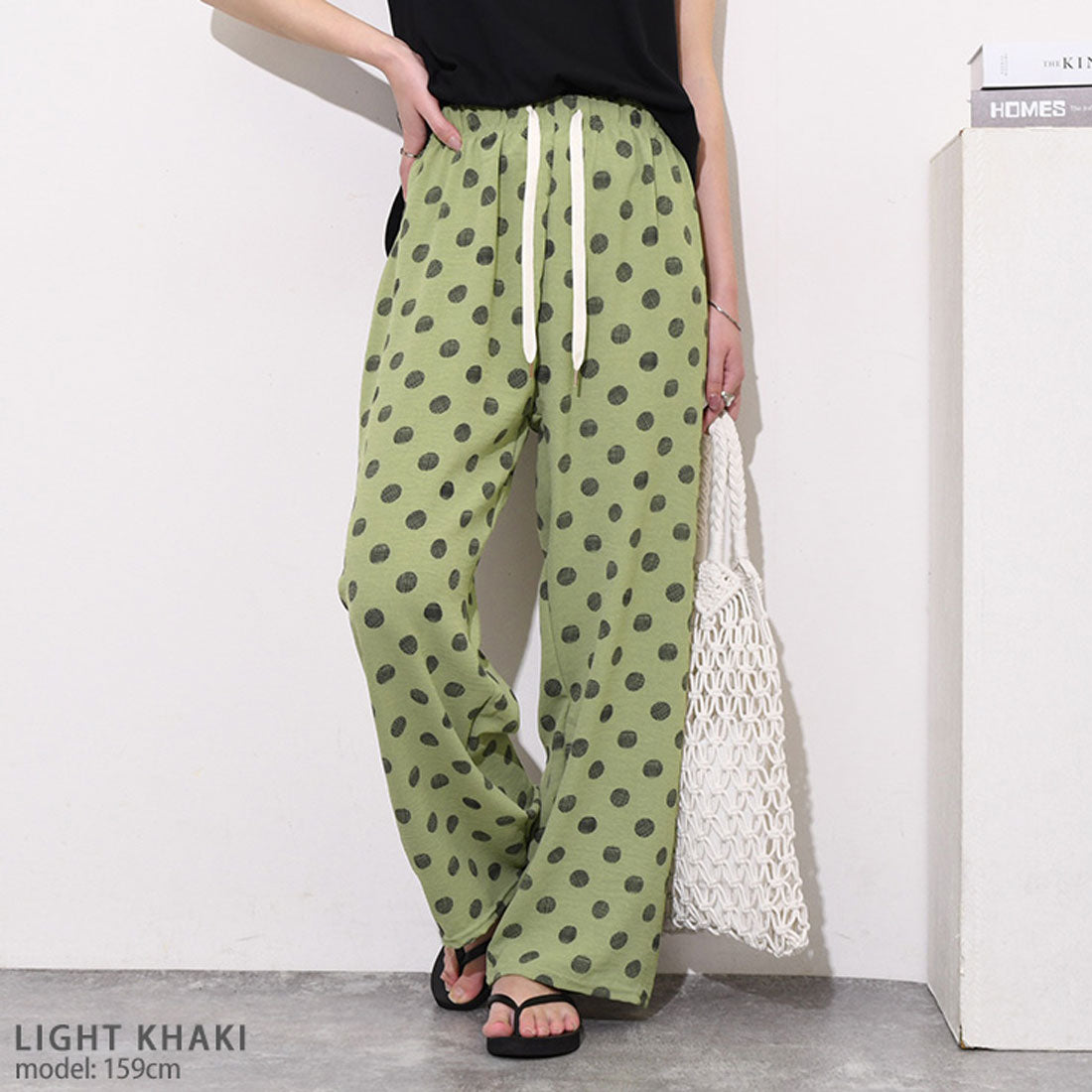 リアルスタイル REAL STYLE ワイドパンツ レディース 春 夏 ドット柄 涼しい 涼感 速乾 楽ちん きれいめ リラックス ウエストゴム 薄手 ボトムス 柄パンツ 柄物 (ライトカーキ) ライトカーキ