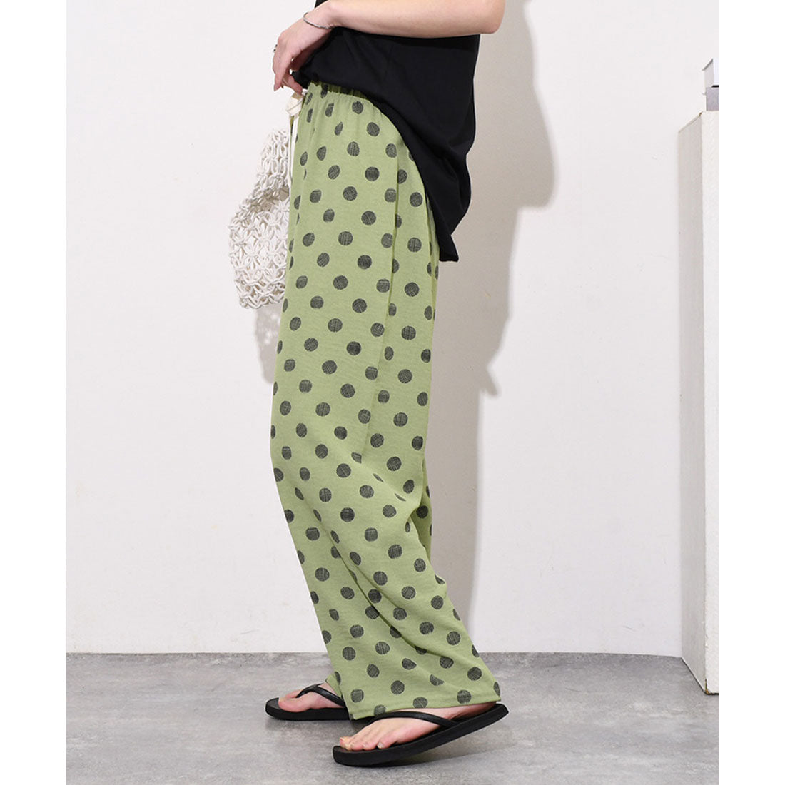 リアルスタイル REAL STYLE ワイドパンツ レディース 春 夏 ドット柄 涼しい 涼感 速乾 楽ちん きれいめ リラックス ウエストゴム 薄手 ボトムス 柄パンツ 柄物 (ライトカーキ) ライトカーキ