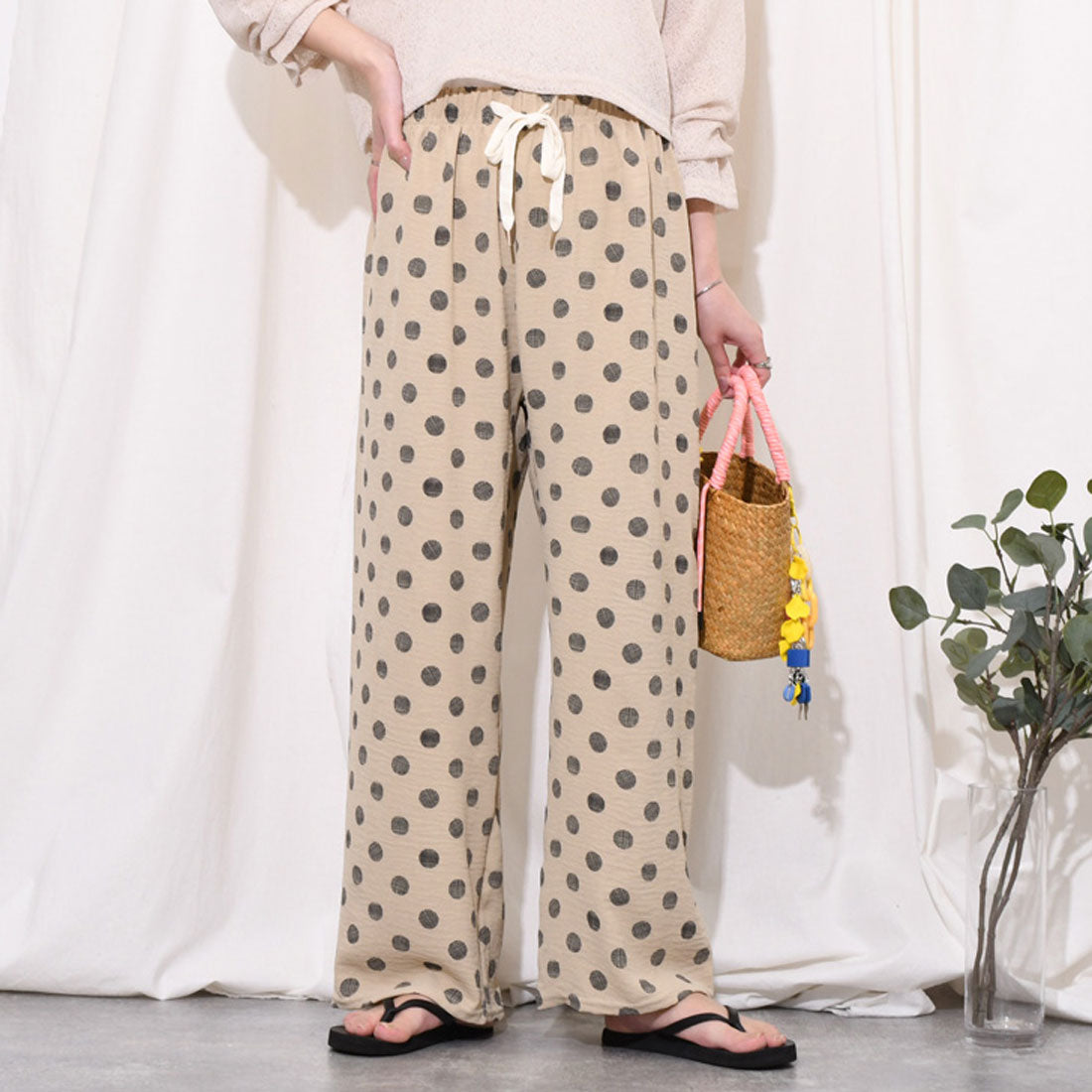 リアルスタイル REAL STYLE ワイドパンツ レディース 春 夏 ドット柄 涼しい 涼感 速乾 楽ちん きれいめ リラックス ウエストゴム 薄手 ボトムス 柄パンツ 柄物 (ベージュ) ベージュ