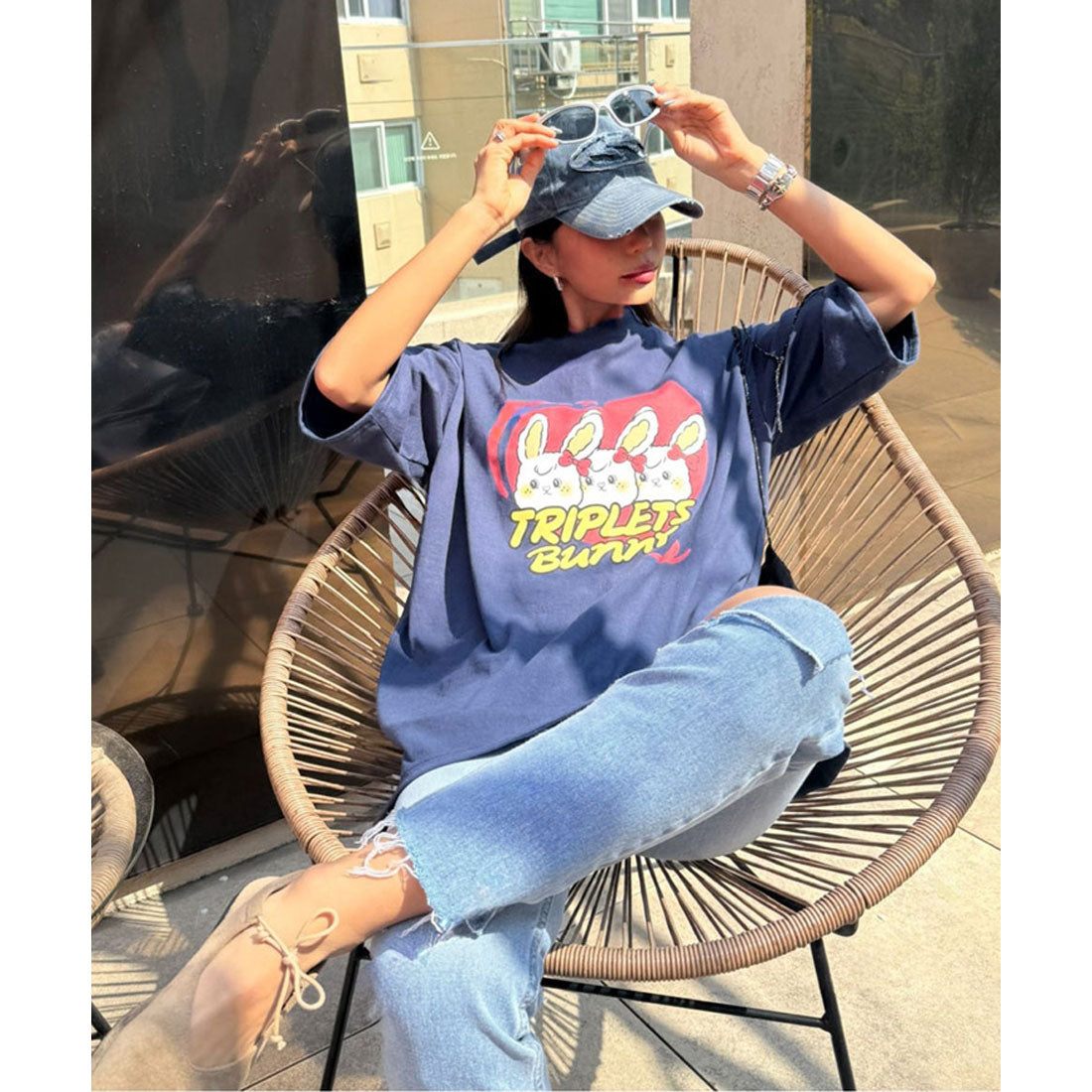 リアルスタイル REAL STYLE Tシャツ レディース 半袖 5分袖 ゆったり 綿 コットン 夏 カットソー トップス 白 黒 ネイビー カジュアル イラスト プリント ロゴ 韓国ファッション チンチャコリア (ネイビー) ネイビー