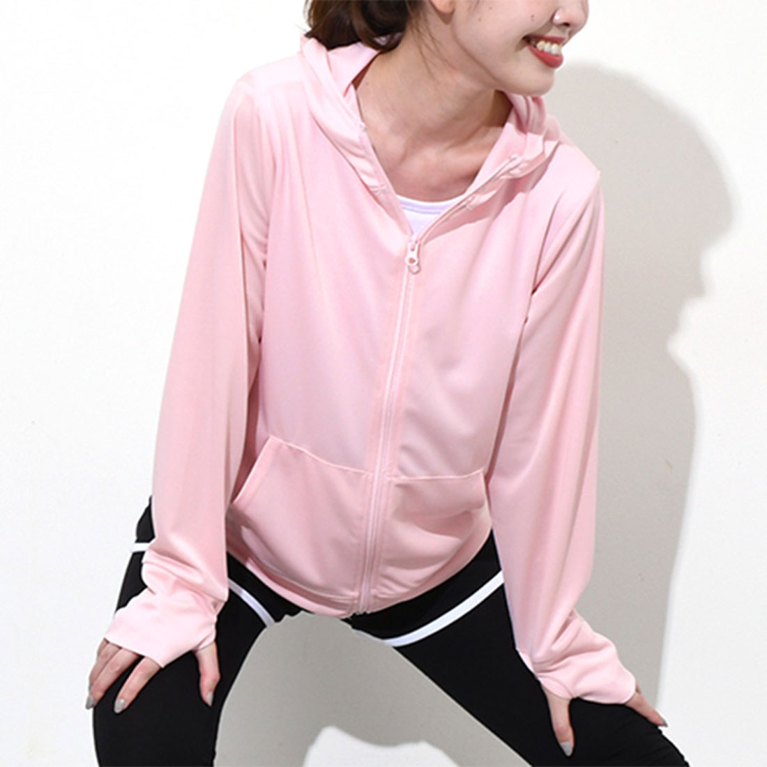 リアルスタイル REAL STYLE パーカー レディース ラッシュガード 夏 薄手 UVケア ジップアップ 指穴 冷感 涼しい 吸汗速乾 ドライ メッシュ 無地 羽織 上着 前開き (ピンク) ピンク