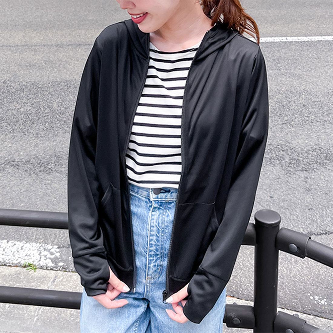 リアルスタイル REAL STYLE パーカー レディース ラッシュガード 夏 薄手 UVケア ジップアップ 指穴 冷感 涼しい 吸汗速乾 ドライ メッシュ 無地 羽織 上着 前開き (ブラック) ブラック