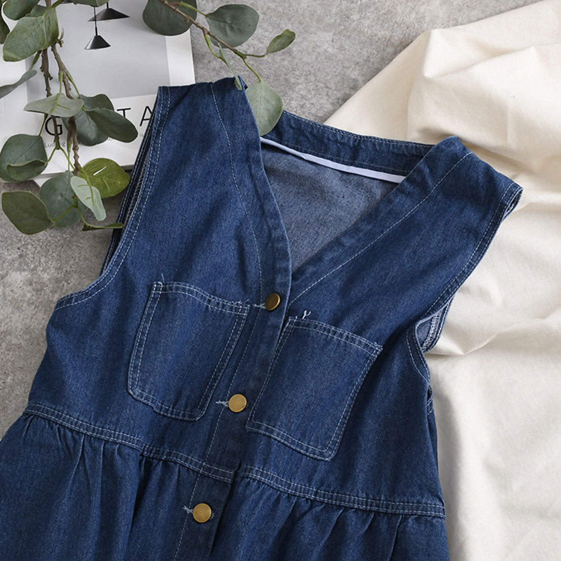 リアルスタイル REAL STYLE ワンピース レディース 春 夏 秋 冬 デニム 薄手 ミニ ミディアム Vネック ペプラム フレア ゆったり ジャンスカ 前開き ポケット (ブルー) ブルー