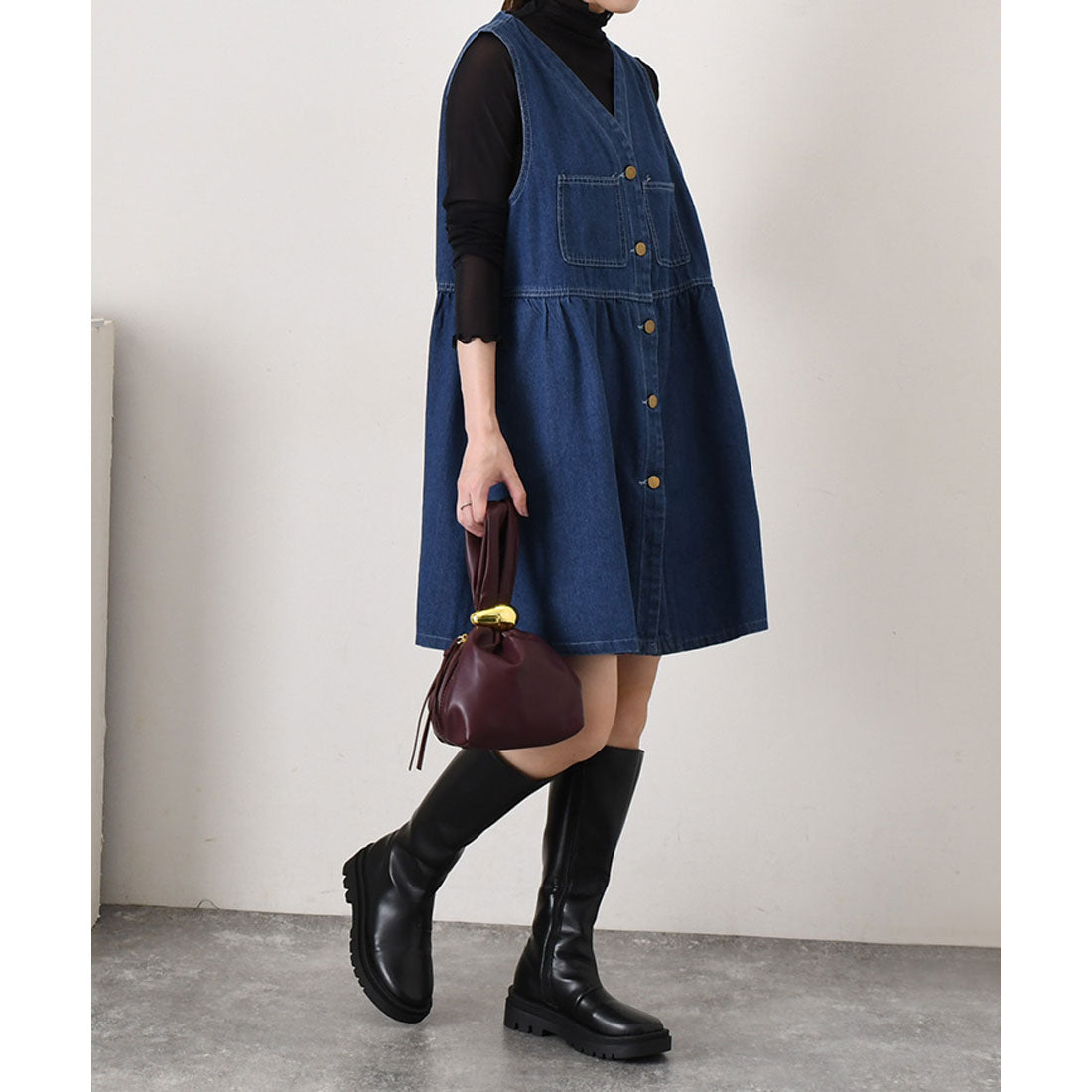 リアルスタイル REAL STYLE ワンピース レディース 春 夏 秋 冬 デニム 薄手 ミニ ミディアム Vネック ペプラム フレア ゆったり ジャンスカ 前開き ポケット (ブルー) ブルー