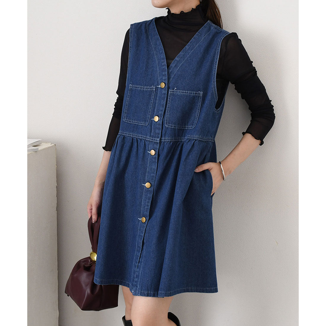 リアルスタイル REAL STYLE ワンピース レディース 春 夏 秋 冬 デニム 薄手 ミニ ミディアム Vネック ペプラム フレア ゆったり ジャンスカ 前開き ポケット (ブルー) ブルー
