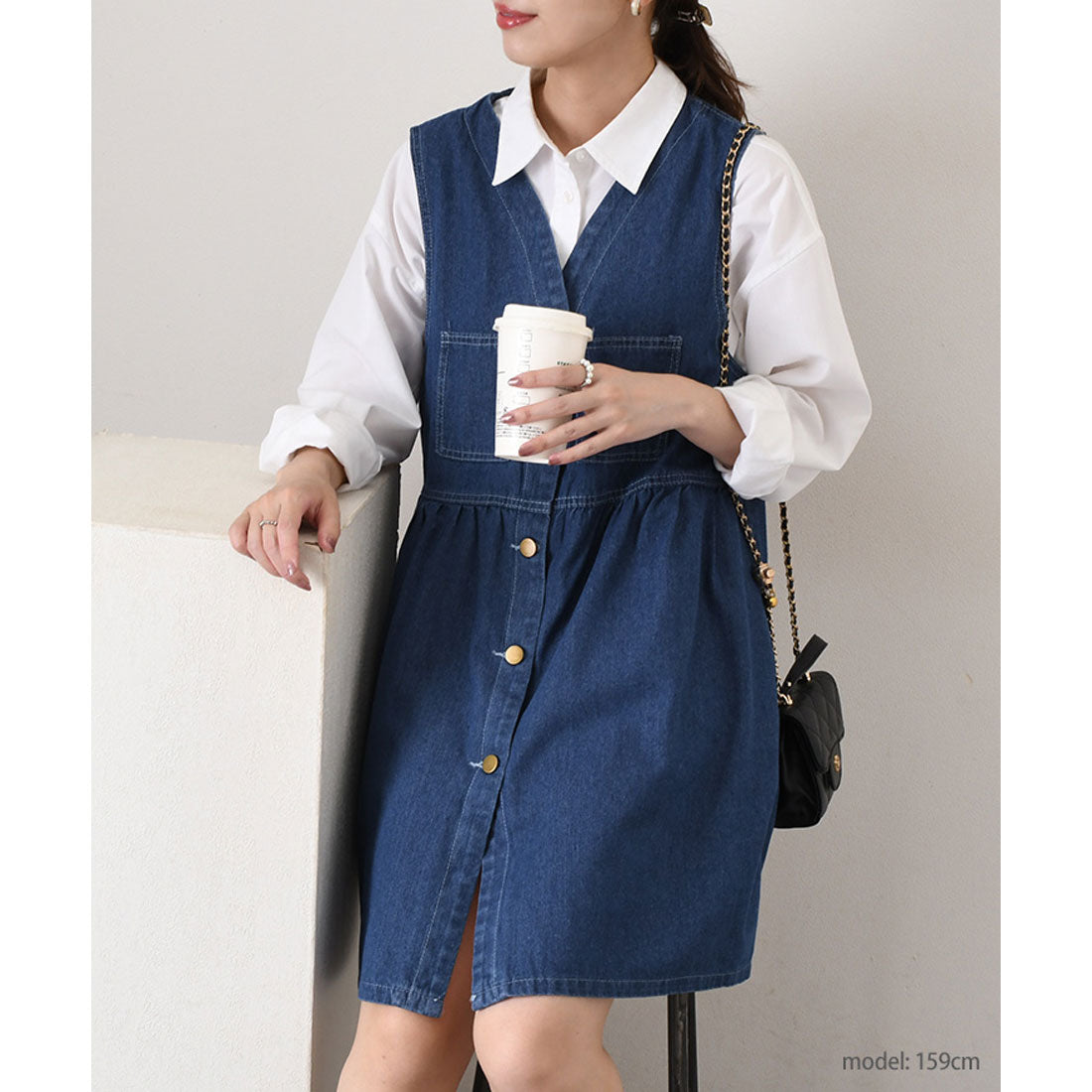 リアルスタイル REAL STYLE ワンピース レディース 春 夏 秋 冬 デニム 薄手 ミニ ミディアム Vネック ペプラム フレア ゆったり ジャンスカ 前開き ポケット (ブルー) ブルー