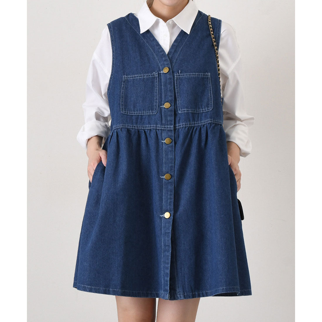 リアルスタイル REAL STYLE ワンピース レディース 春 夏 秋 冬 デニム 薄手 ミニ ミディアム Vネック ペプラム フレア ゆったり ジャンスカ 前開き ポケット (ブルー) ブルー