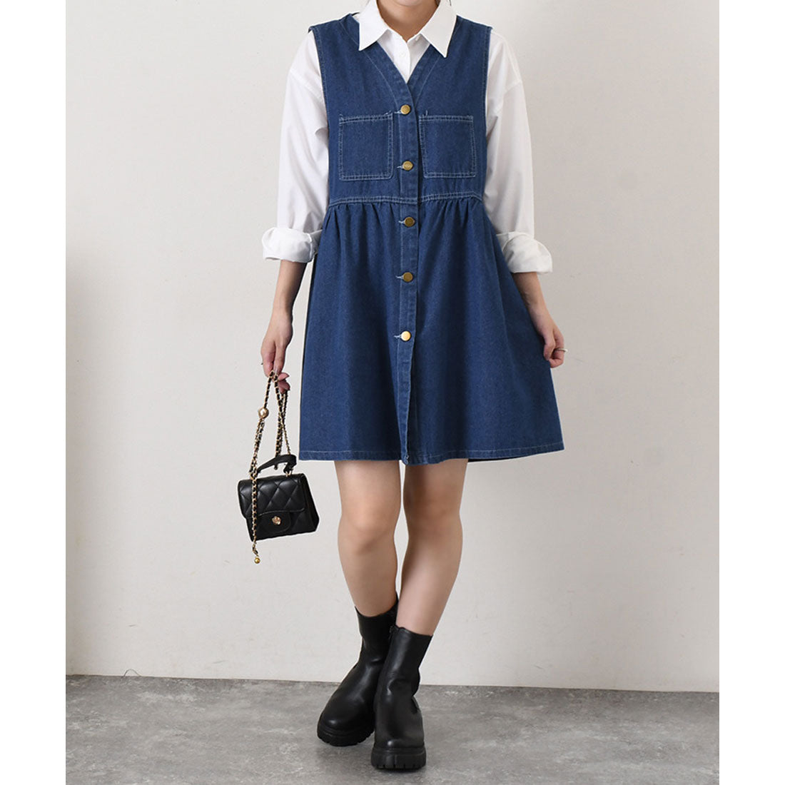 リアルスタイル REAL STYLE ワンピース レディース 春 夏 秋 冬 デニム 薄手 ミニ ミディアム Vネック ペプラム フレア ゆったり ジャンスカ 前開き ポケット (ブルー) ブルー