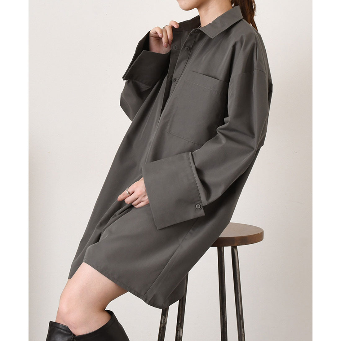 リアルスタイル REAL STYLE オールインワン レディース 長袖 秋 ショート ミニ ロンパース シャツ ショートパンツ ズボン ゆったり 胸ポケット きれいめ カジュアル (ブラック) ブラック