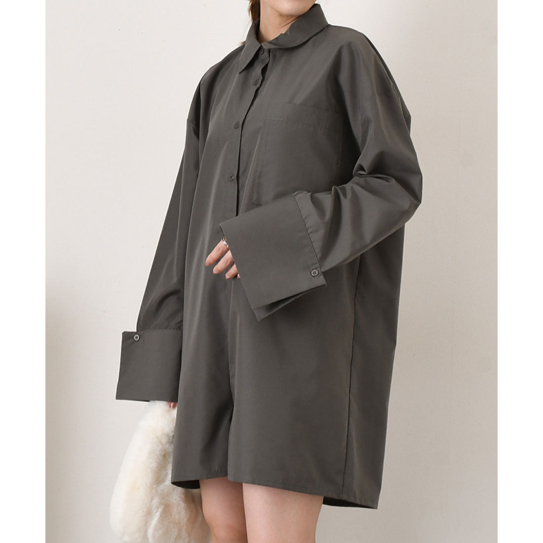 リアルスタイル REAL STYLE オールインワン レディース 長袖 秋 ショート ミニ ロンパース シャツ ショートパンツ ズボン ゆったり 胸ポケット きれいめ カジュアル (ブラック) ブラック