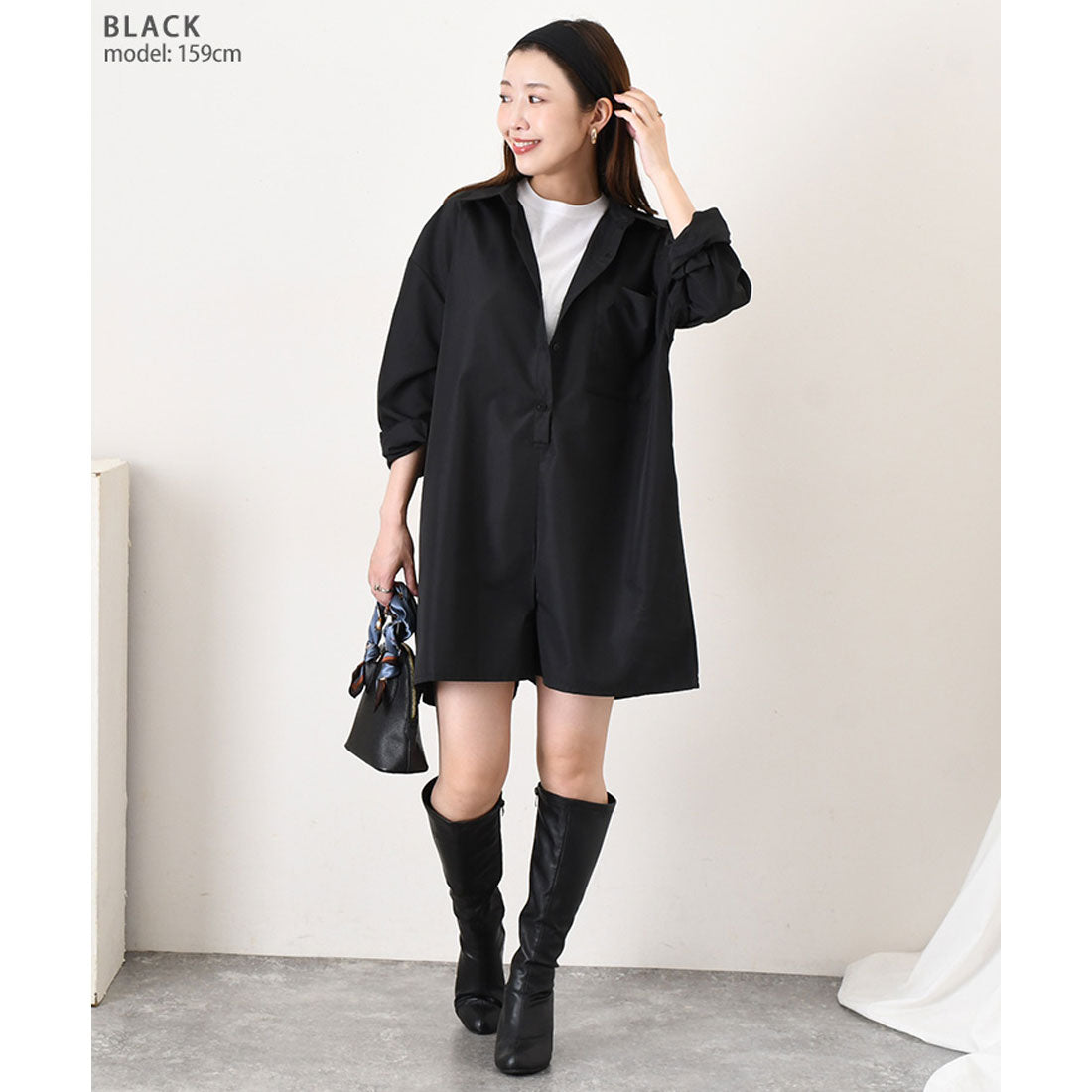 リアルスタイル REAL STYLE オールインワン レディース 長袖 秋 ショート ミニ ロンパース シャツ ショートパンツ ズボン ゆったり 胸ポケット きれいめ カジュアル (ブラック) ブラック