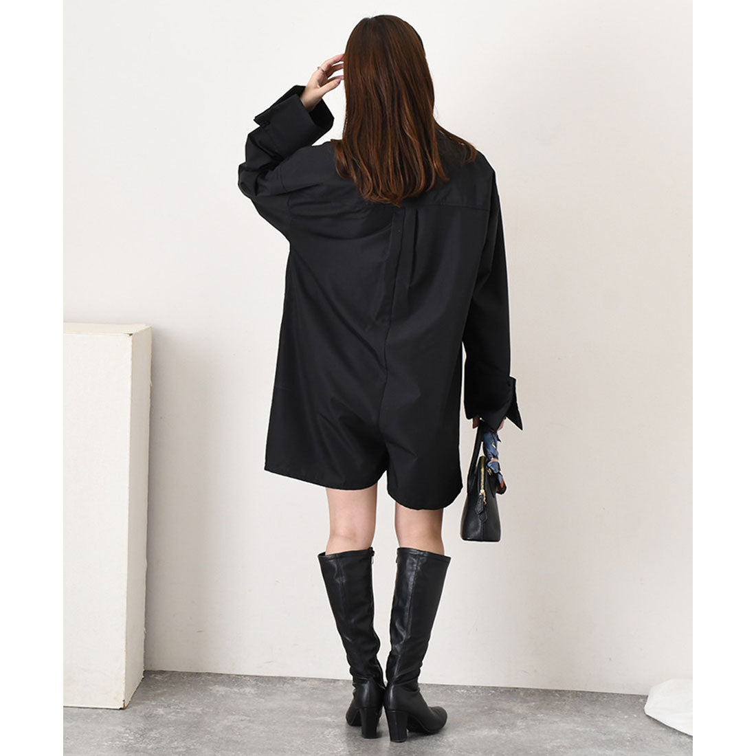 リアルスタイル REAL STYLE オールインワン レディース 長袖 秋 ショート ミニ ロンパース シャツ ショートパンツ ズボン ゆったり 胸ポケット きれいめ カジュアル (ブラック) ブラック
