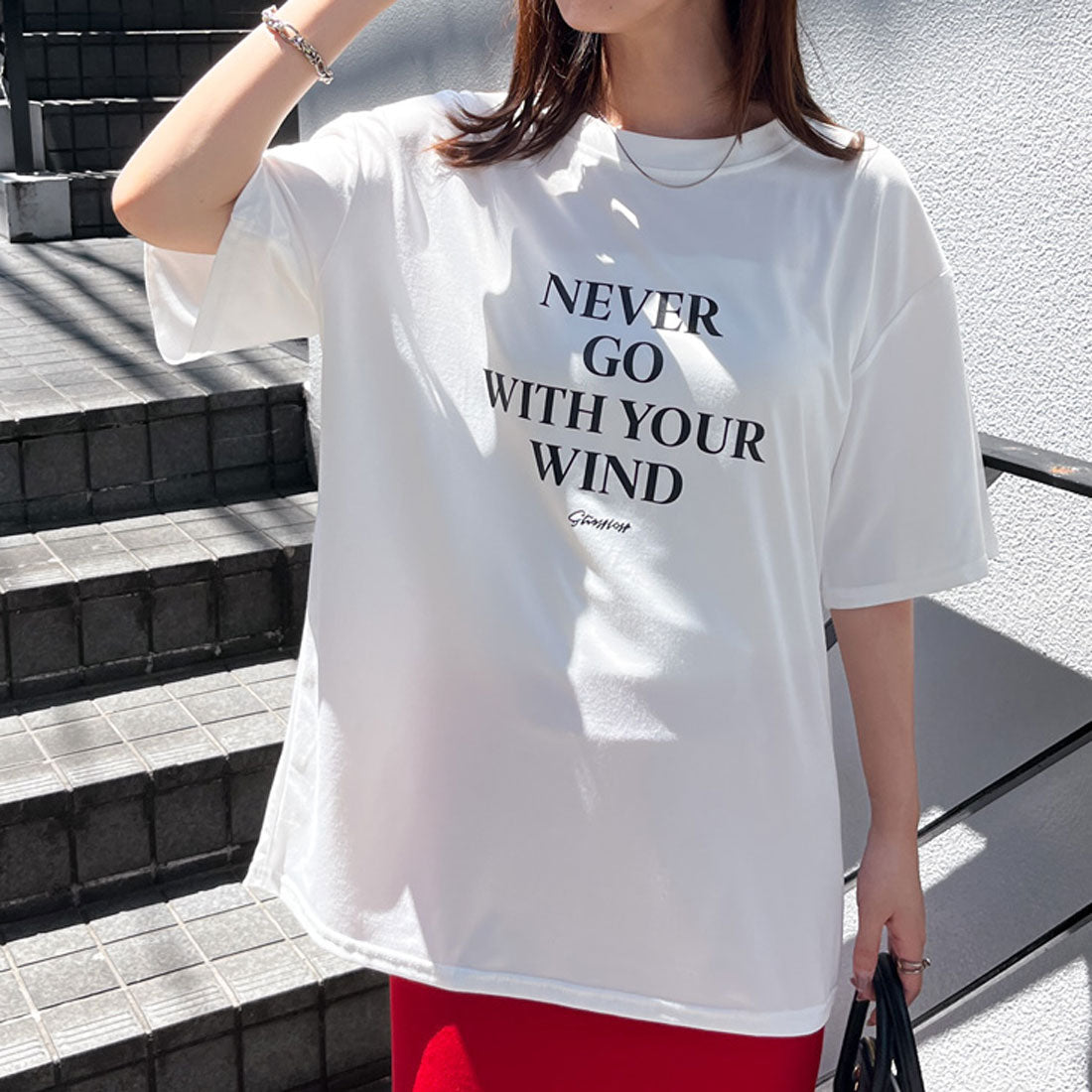 リアルスタイル REAL STYLE Tシャツ レディース 半袖 ゆったり 大きいサイズ 夏 薄手 シンプル ロゴ プリント ストレッチ カットソー トップス ロゴT プリントT (オフホワイト) オフホワイト