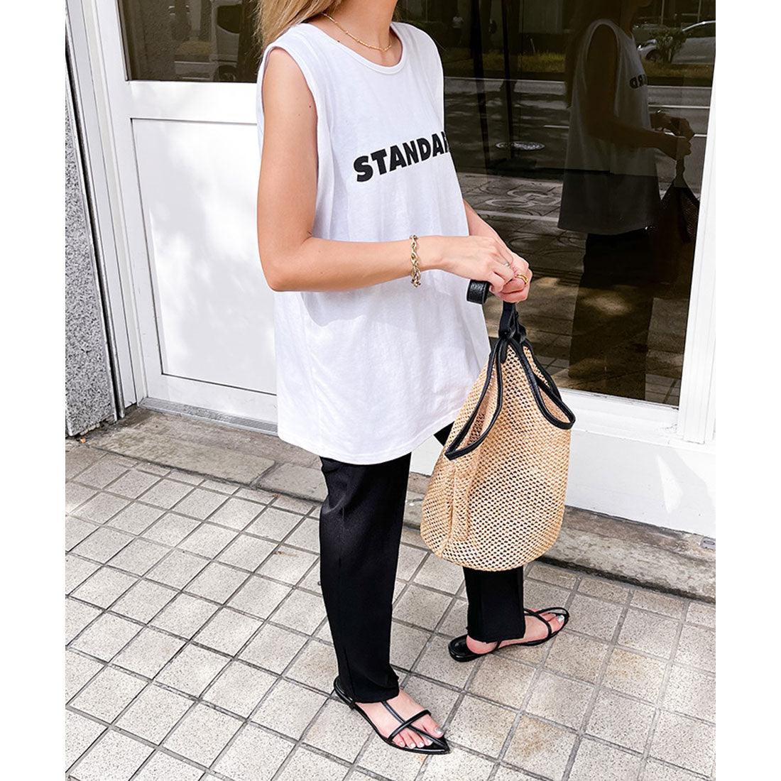 リアルスタイル REAL STYLE タンクトップ レディース カットソー ノースリーブ 綿100% コットン ゆったり ロゴ プリント トップス 薄手 大きめ 涼しい おしゃれ 韓国ファッション チンチャコリア (ホワイト) ホワイト