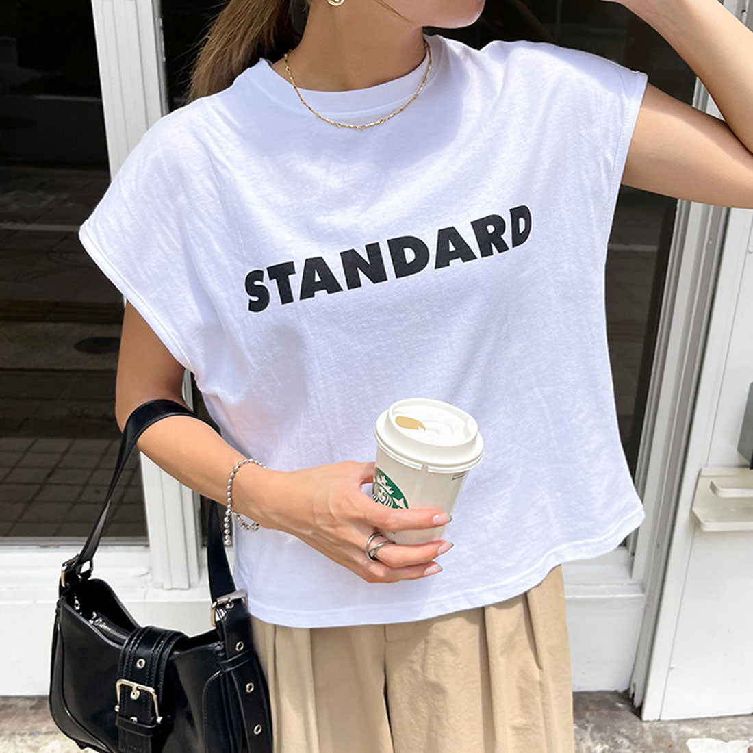 リアルスタイル REAL STYLE Tシャツ レディース 半袖 フレンチスリーブ タンクトップ 綿100% コットン ゆったり ショート丈 ロゴT カットソー トップス 薄手 韓国ファッション チンチャコリア (ホワイト) ホワイト