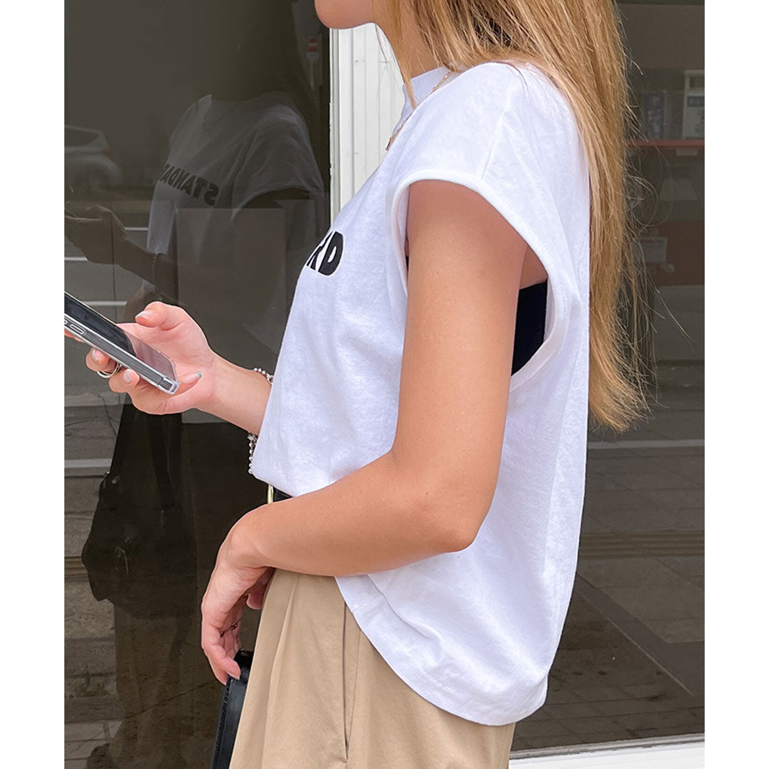 リアルスタイル REAL STYLE Tシャツ レディース 半袖 フレンチスリーブ タンクトップ 綿100% コットン ゆったり ショート丈 ロゴT カットソー トップス 薄手 韓国ファッション チンチャコリア (ホワイト) ホワイト
