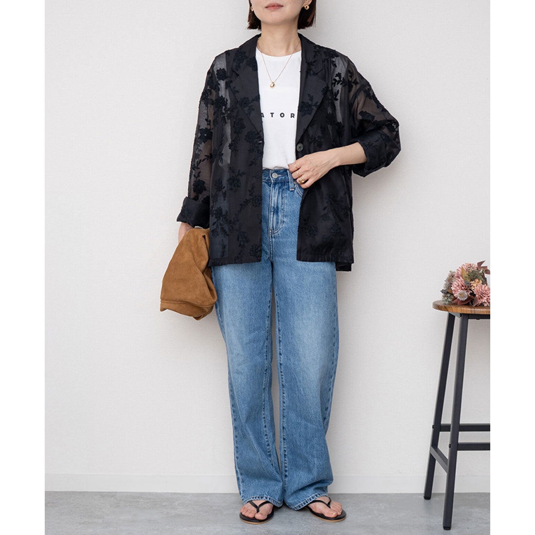 リアルスタイル REAL STYLE シアージャケット レディース 夏 秋 長袖 シャツ テーラード 前開き アウター 羽織り 上着 きれいめ カジュアル 上品 花柄 刺繍 ゆったり (アイボリー) アイボリー