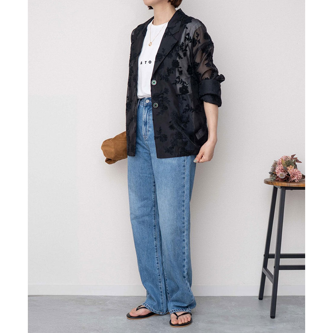 リアルスタイル REAL STYLE シアージャケット レディース 夏 秋 長袖 シャツ テーラード 前開き アウター 羽織り 上着 きれいめ カジュアル 上品 花柄 刺繍 ゆったり (アイボリー) アイボリー