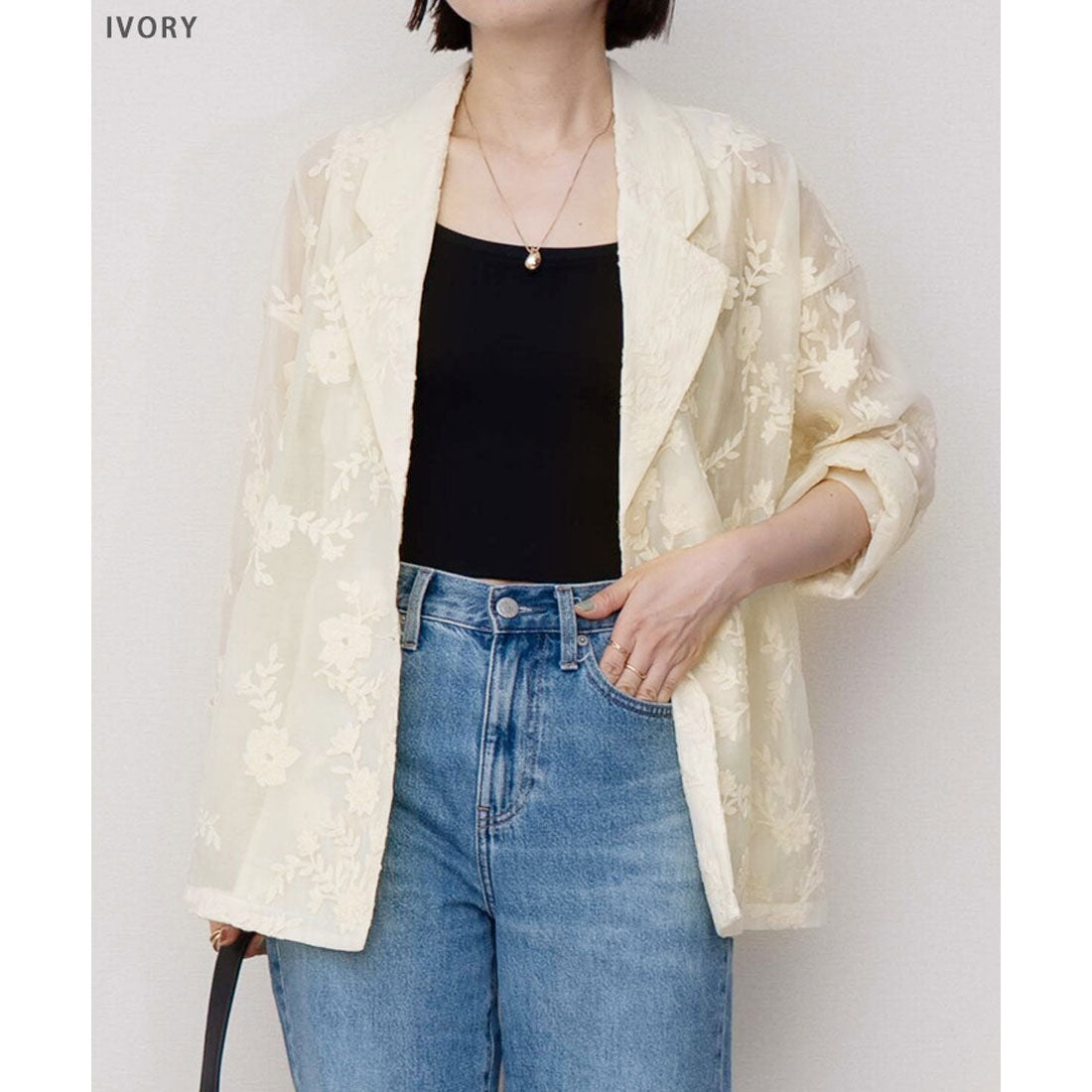 リアルスタイル REAL STYLE シアージャケット レディース 夏 秋 長袖 シャツ テーラード 前開き アウター 羽織り 上着 きれいめ カジュアル 上品 花柄 刺繍 ゆったり (アイボリー) アイボリー