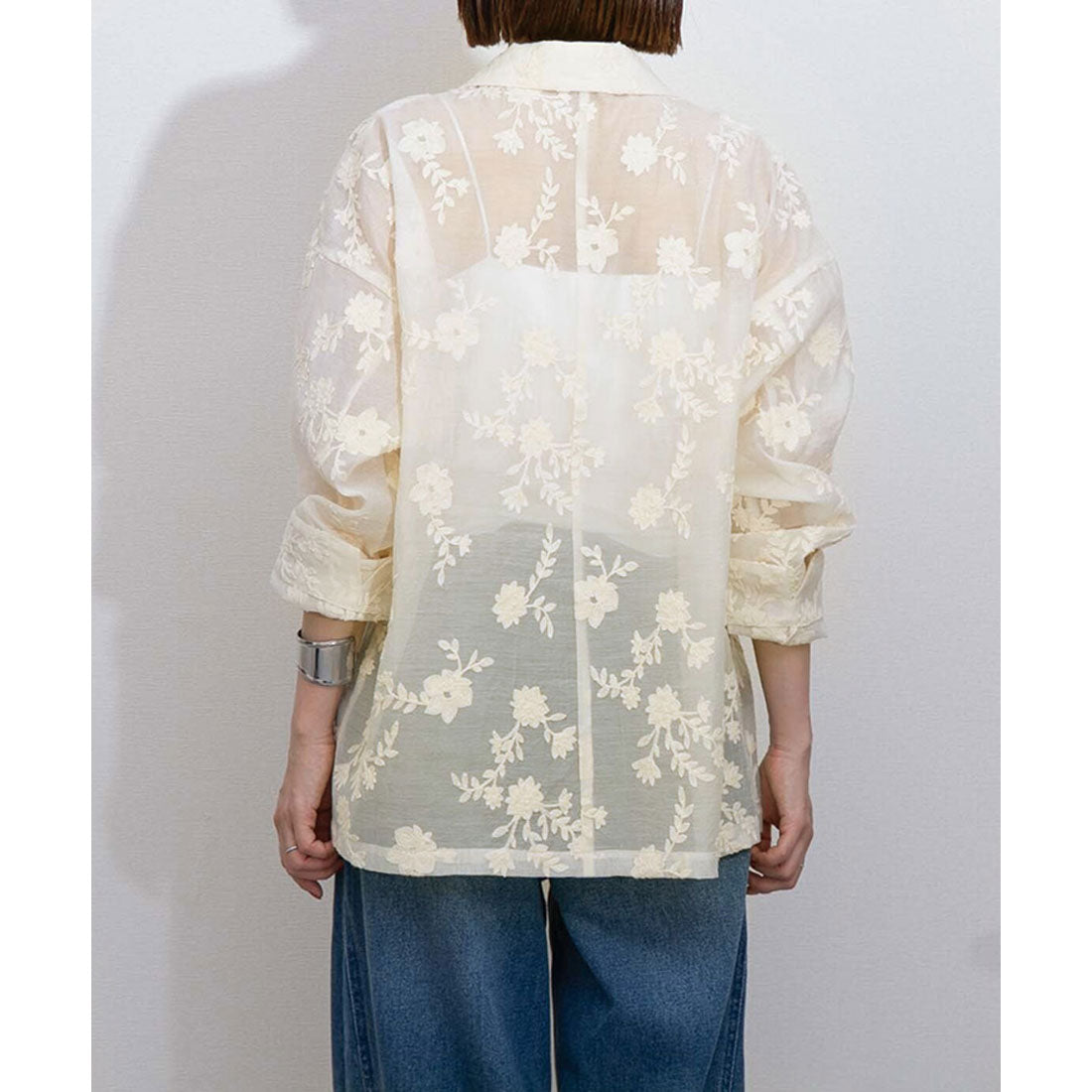 リアルスタイル REAL STYLE シアージャケット レディース 夏 秋 長袖 シャツ テーラード 前開き アウター 羽織り 上着 きれいめ カジュアル 上品 花柄 刺繍 ゆったり (アイボリー) アイボリー