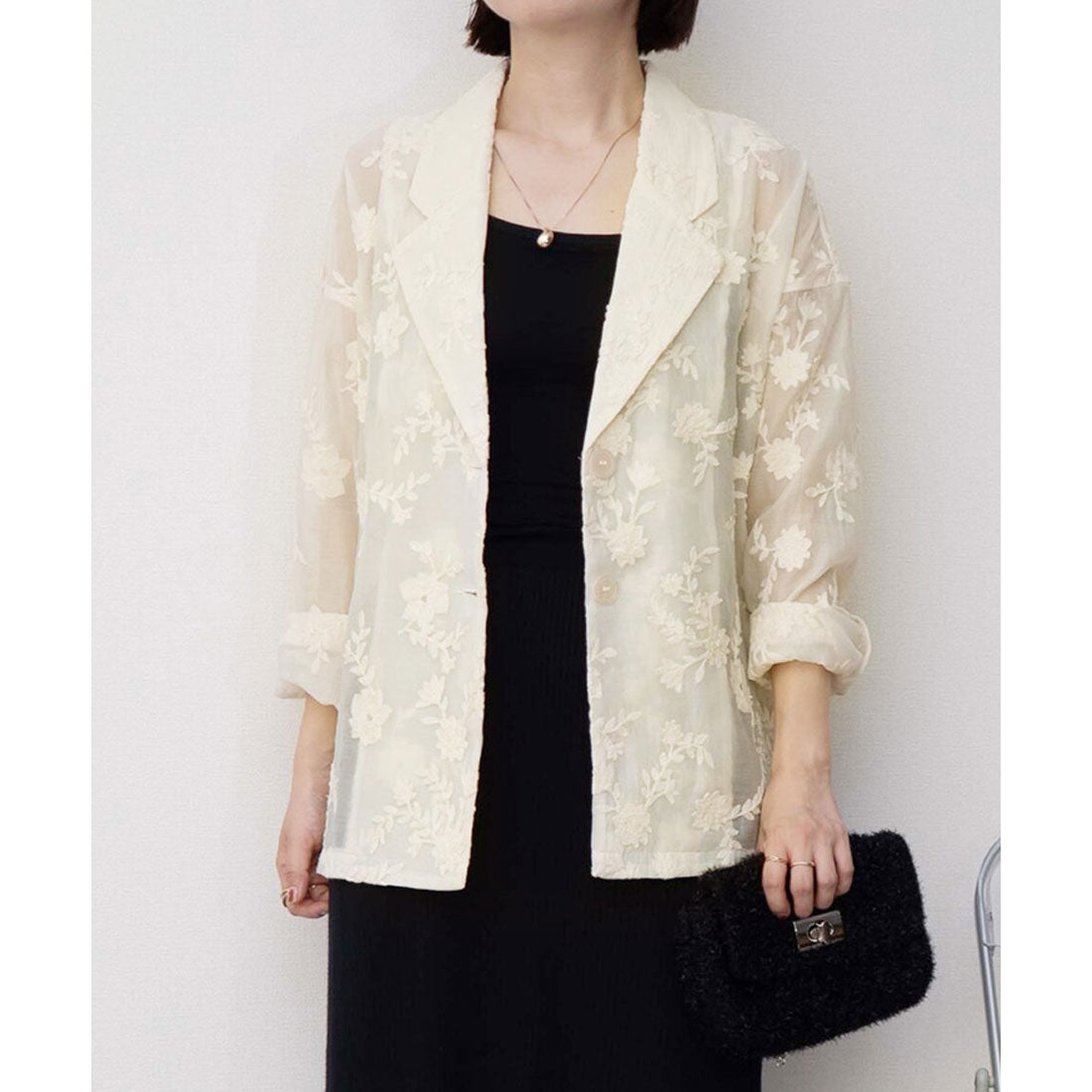 リアルスタイル REAL STYLE シアージャケット レディース 夏 秋 長袖 シャツ テーラード 前開き アウター 羽織り 上着 きれいめ カジュアル 上品 花柄 刺繍 ゆったり (アイボリー) アイボリー