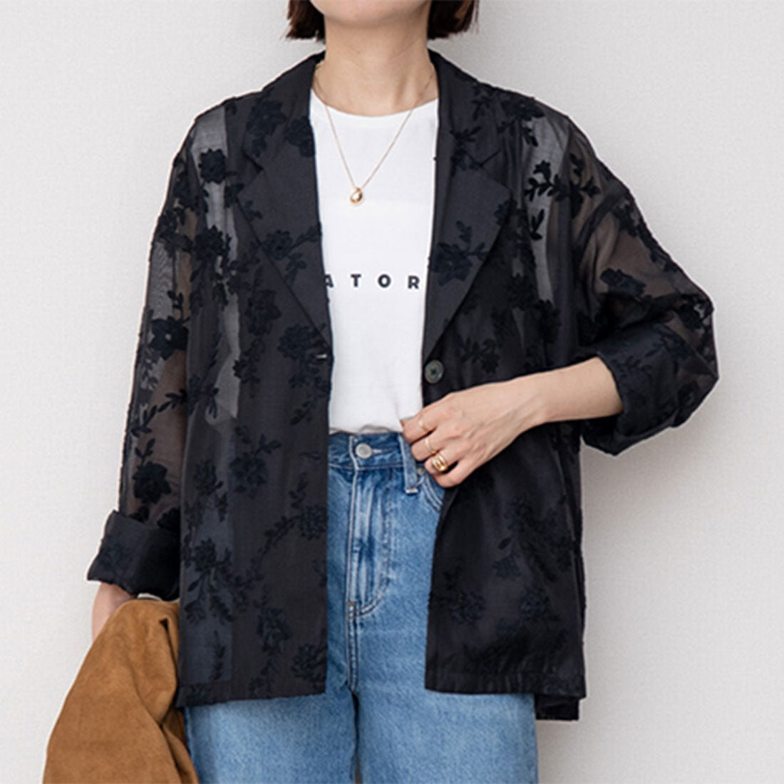 リアルスタイル REAL STYLE シアージャケット レディース 夏 秋 長袖 シャツ テーラード 前開き アウター 羽織り 上着 きれいめ カジュアル 上品 花柄 刺繍 ゆったり (ブラック) ブラック