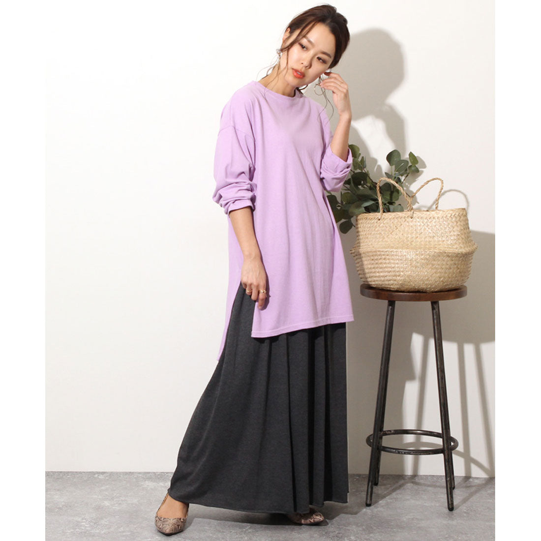 リアルスタイル REAL STYLE スカート レディース ロング フレアスカート マキシスカート カットオフ 綿100% コットン 無地