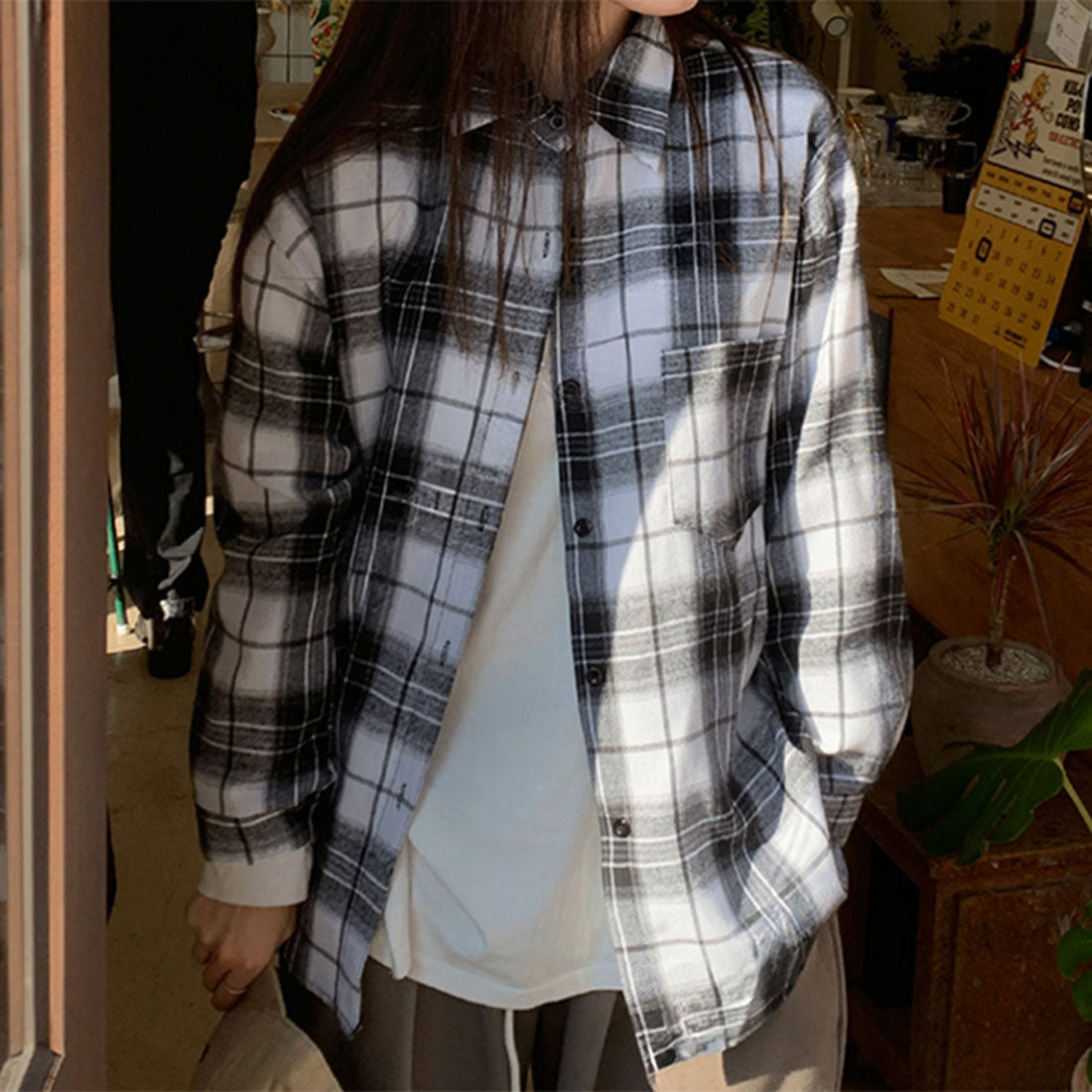 リアルスタイル REAL STYLE シャツ レディース チェック柄 長袖 秋 冬 大きい ロング チェックシャツ オフィス カジュアル トップス アウター 羽織り 薄手 ゆったり (ブラック) ブラック