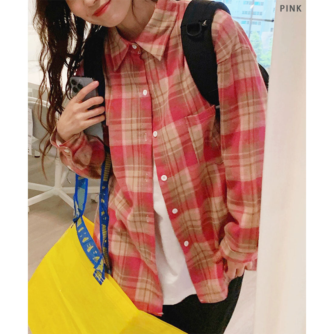リアルスタイル REAL STYLE シャツ レディース チェック柄 長袖 秋 冬 大きい ロング チェックシャツ オフィス カジュアル トップス アウター 羽織り 薄手 ゆったり (ブラック) ブラック
