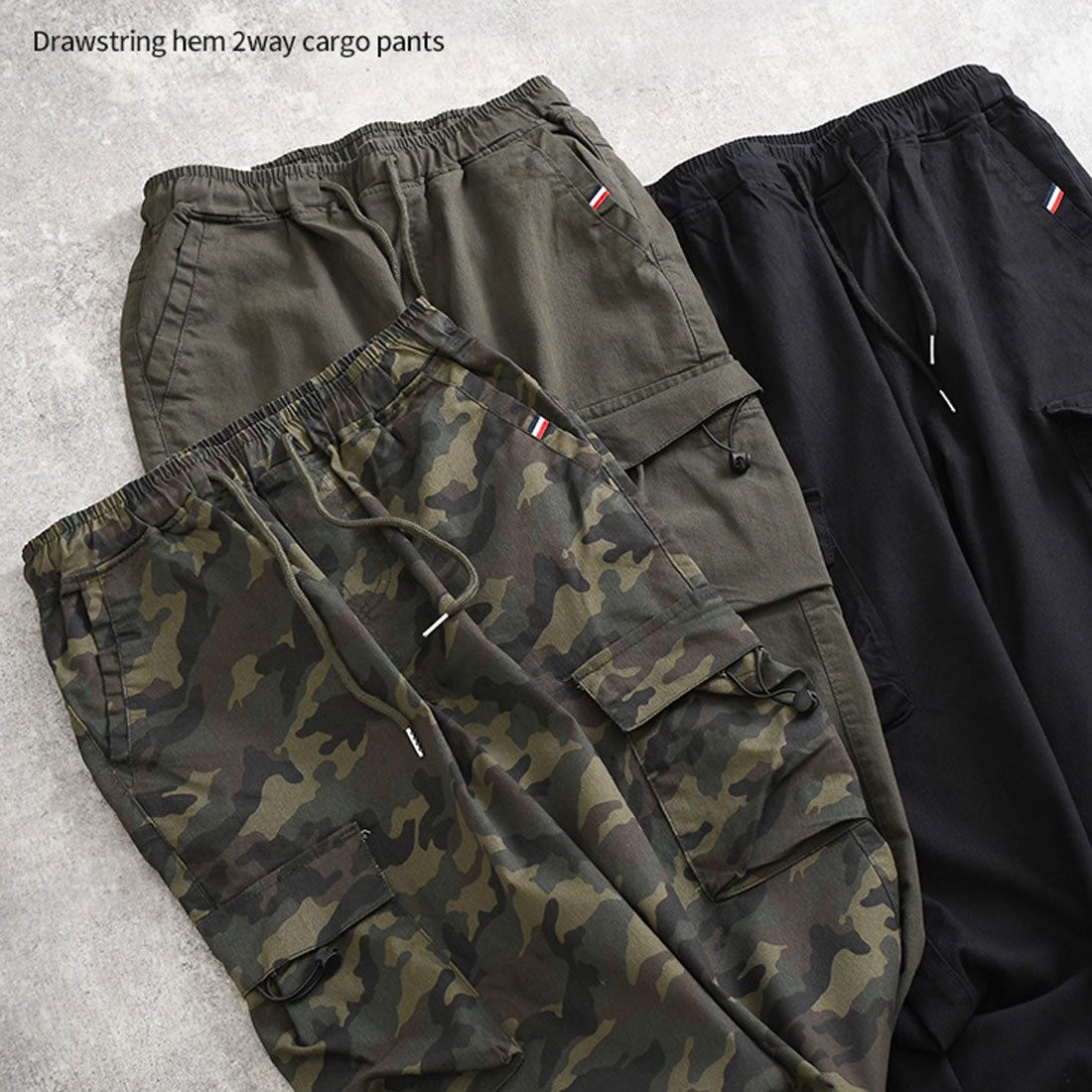 リアルスタイル REAL STYLE カーゴパンツ レディース ジョガーパンツ ワイドパンツ 薄手 秋 迷彩柄 無地 カーキ ゆったり ウエストゴム ボトムス 2way ミリタリー (カーキ) カーキ