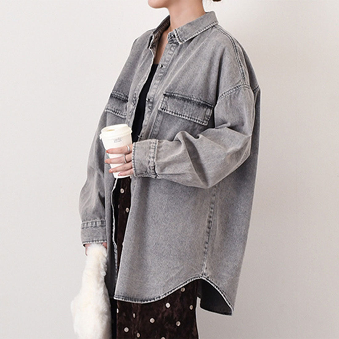 リアルスタイル REAL STYLE デニムジャケット レディース 長め 春 秋 シャツ カジュアル アウター 羽織り ジージャン Gジャン 長袖 ロング丈 大きいサイズ 古着風 (ブラック(3)) ブラック(3)