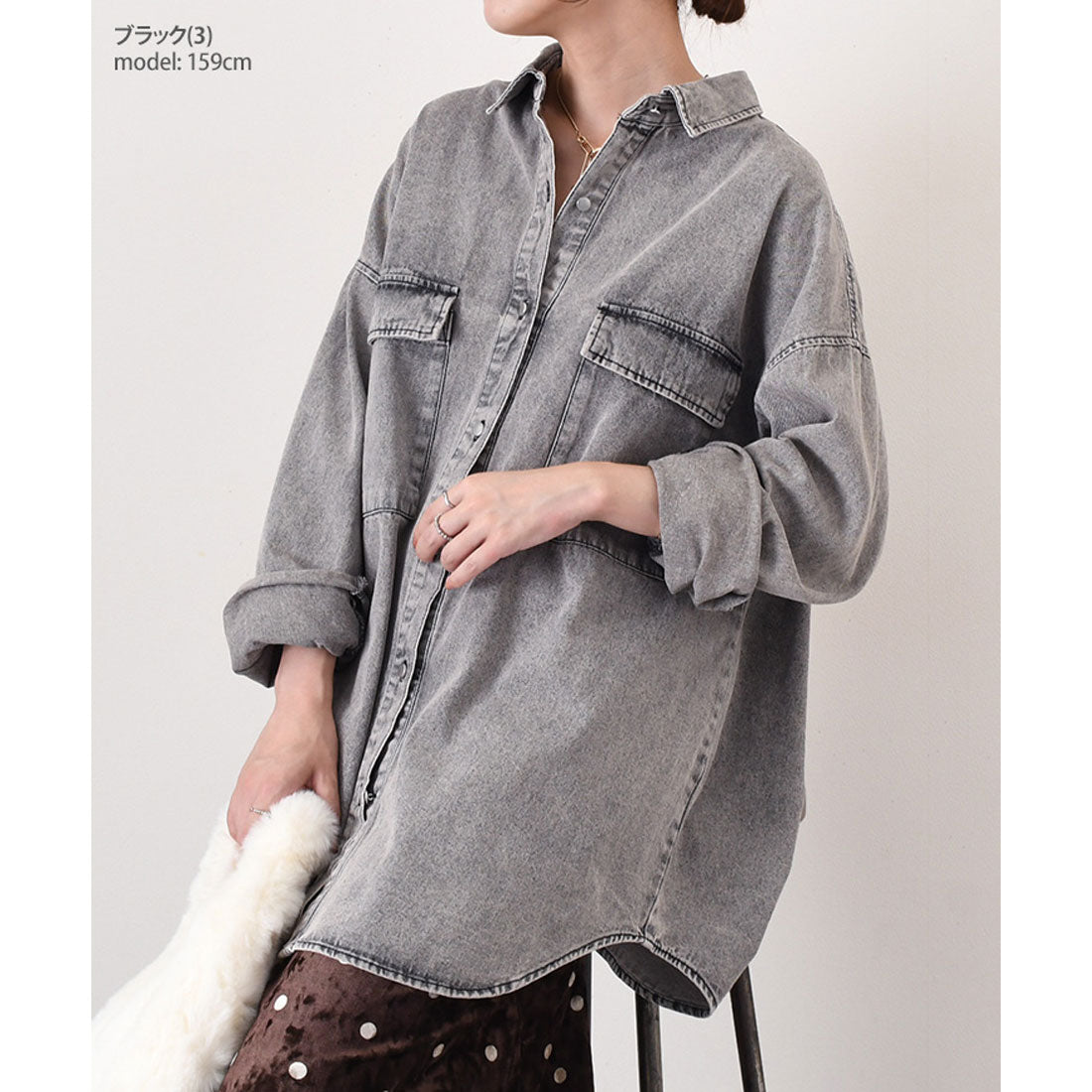 リアルスタイル REAL STYLE デニムジャケット レディース 長め 春 秋 シャツ カジュアル アウター 羽織り ジージャン Gジャン 長袖 ロング丈 大きいサイズ 古着風 (ブラック(3)) ブラック(3)