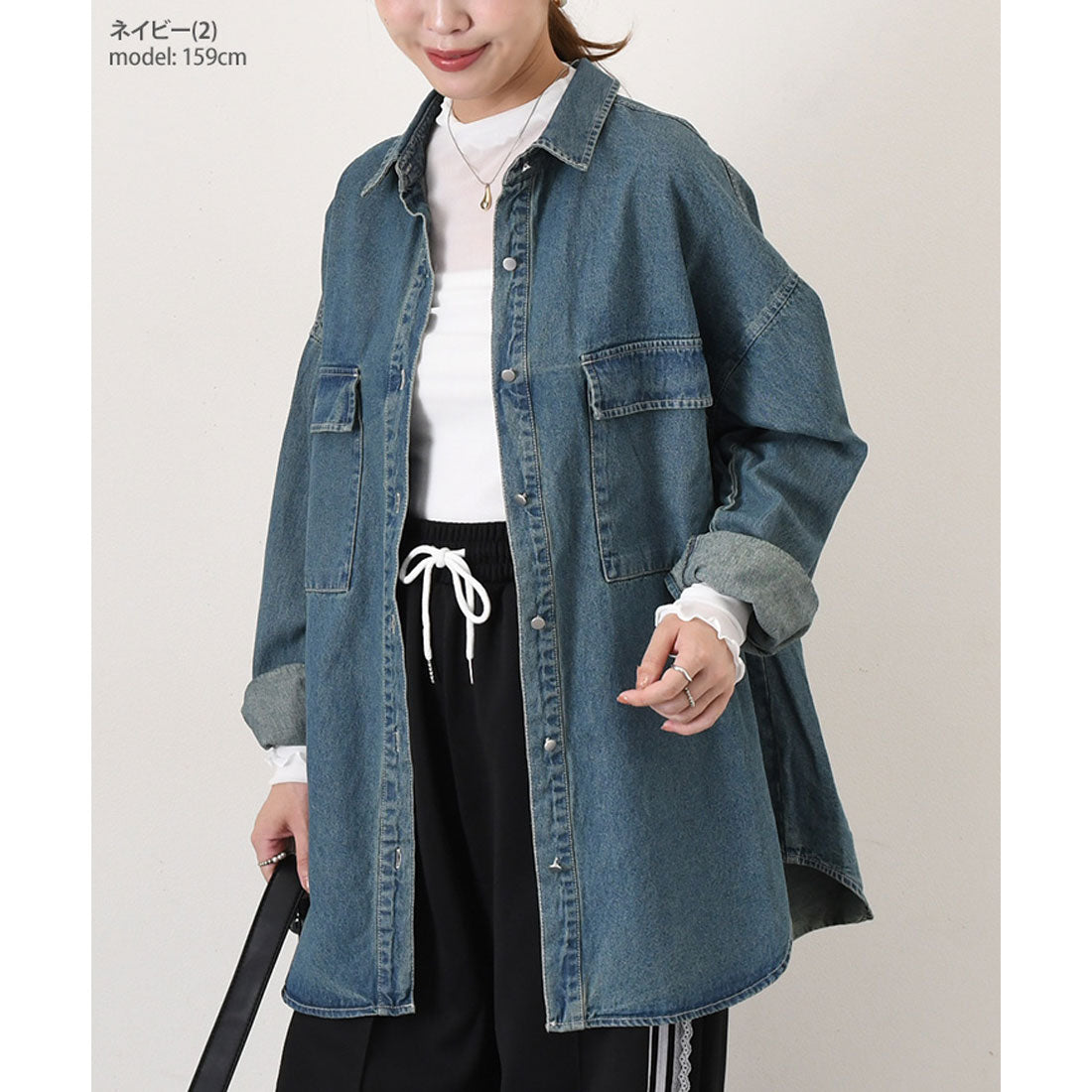 リアルスタイル REAL STYLE デニムジャケット レディース 長め 春 秋 シャツ カジュアル アウター 羽織り ジージャン Gジャン 長袖 ロング丈 大きいサイズ 古着風 (ブラック(3)) ブラック(3)