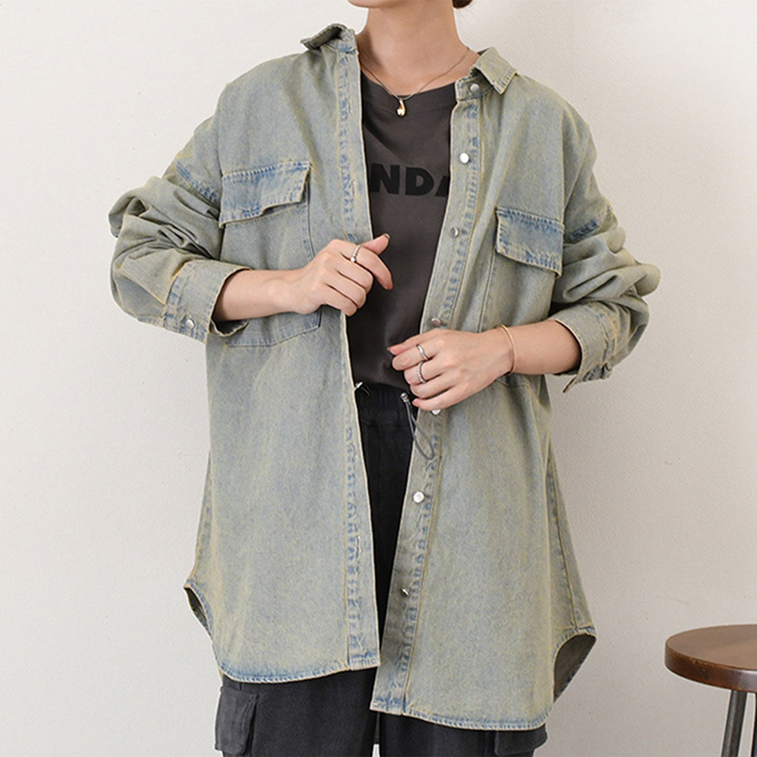 リアルスタイル REAL STYLE デニムジャケット レディース 長め 春 秋 シャツ カジュアル アウター 羽織り ジージャン Gジャン 長袖 ロング丈 大きいサイズ 古着風 (ブルー(1)) ブルー(1)