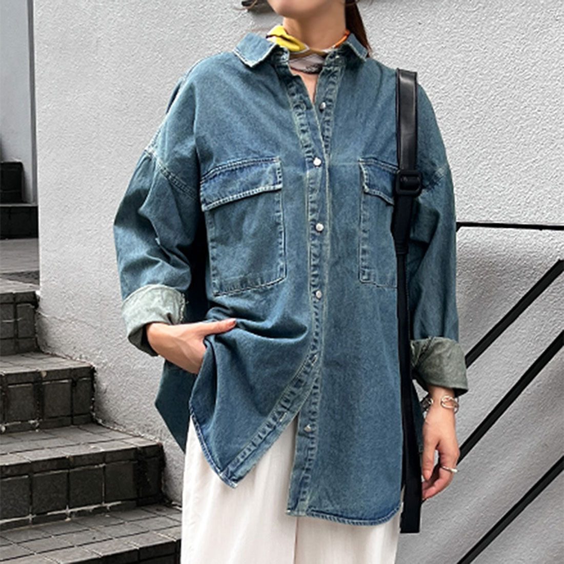 リアルスタイル REAL STYLE デニムジャケット レディース 長め 春 秋 シャツ カジュアル アウター 羽織り ジージャン Gジャン 長袖 ロング丈 大きいサイズ 古着風 (ネイビー(2)) ネイビー(2)