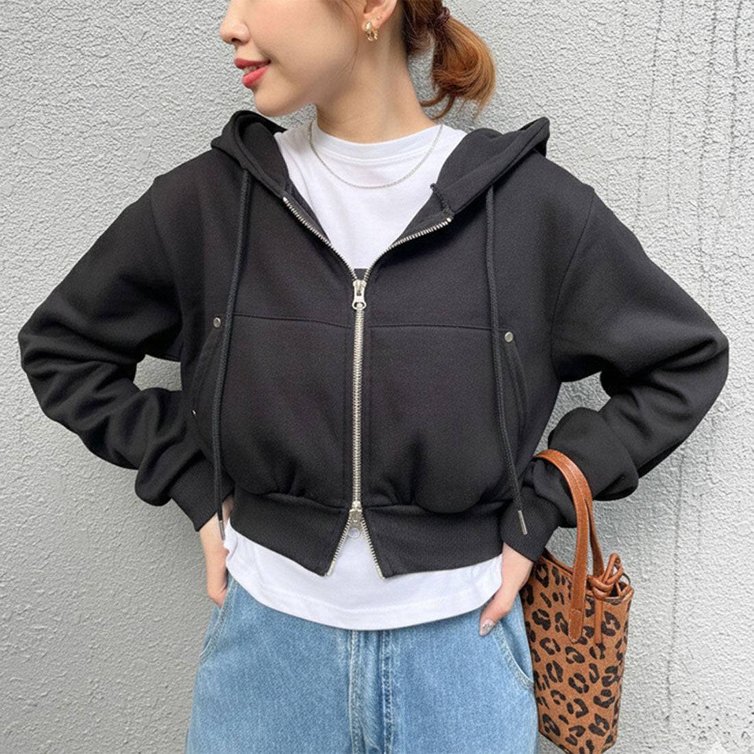 リアルスタイル REAL STYLE パーカー レディース ジップ 秋冬 長袖 裏起毛 スウェット ショート丈 アウター トップス 羽織り 上着 セットアップ スエット フード 韓国ファッション チンチャコリア (ブラック) ブラック