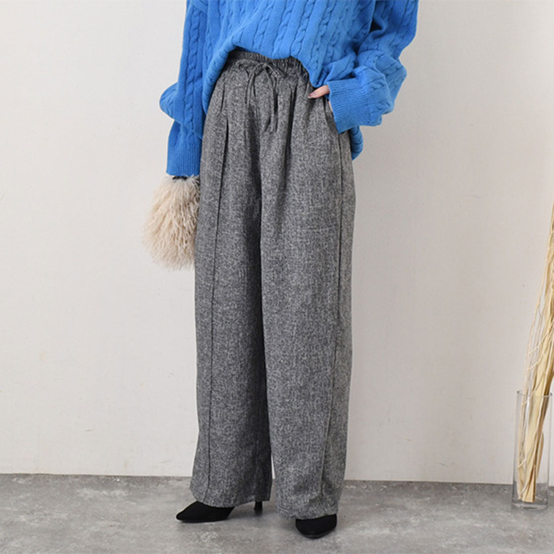 リアルスタイル REAL STYLE ワイドパンツ レディース 春 夏 秋 冬 きれいめ ツイード 薄手 ウエストゴム ハイウエスト ボトムス おしゃれ オフィス シワになりにくい (ブラック) ブラック